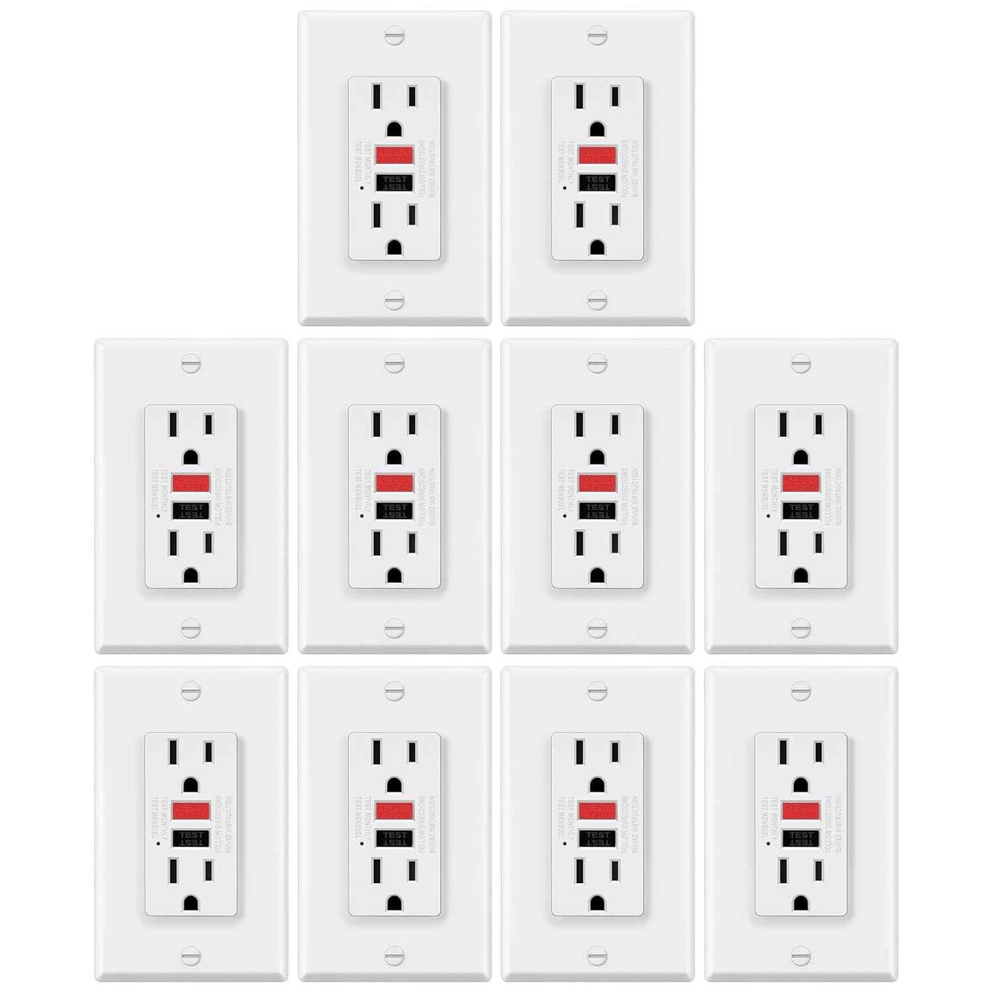 GFCI Outlets 10 Pack - 15 Amp Decor Receptacles with LED Indicator & Wallplate