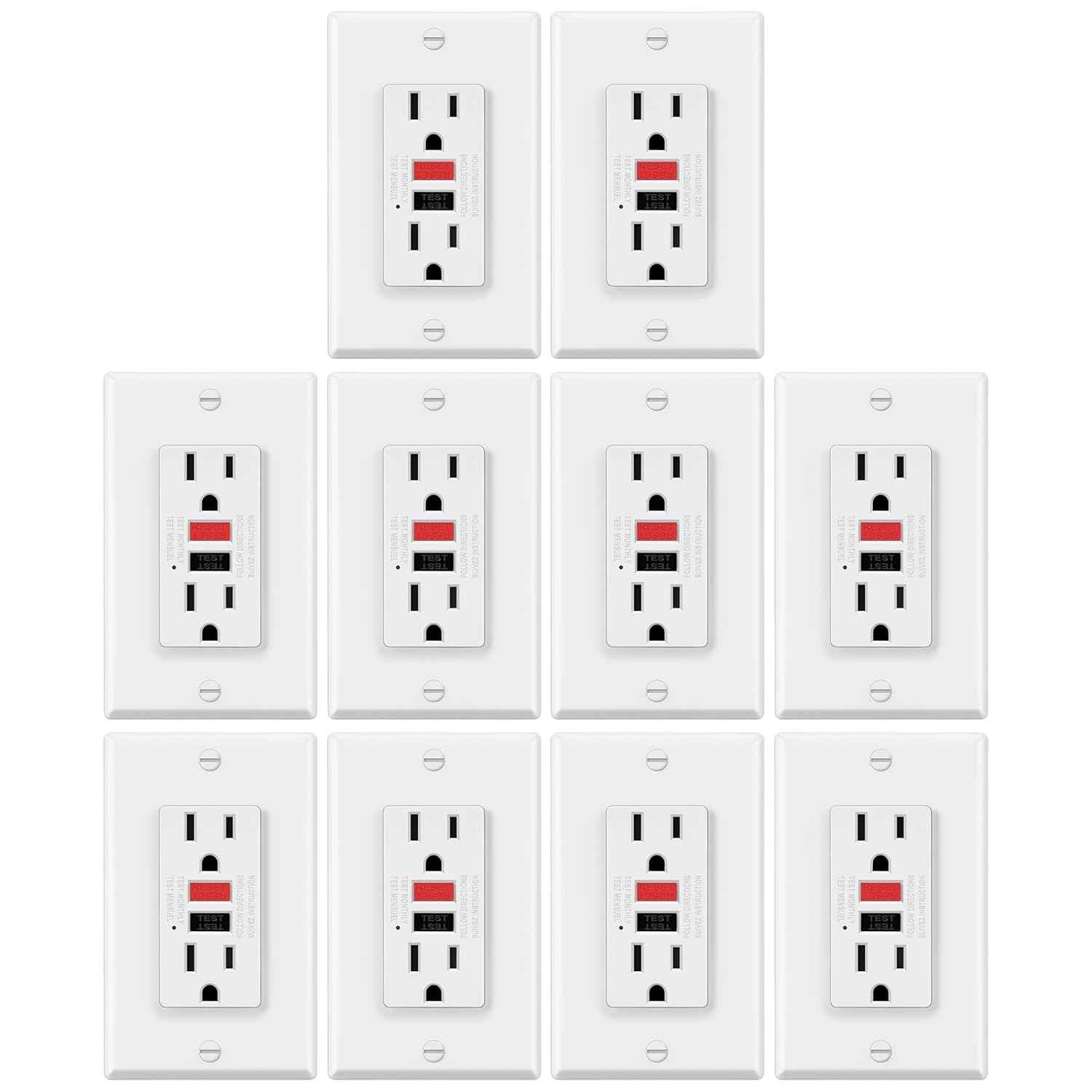 GFCI Outlets 10 Pack - 15 Amp Decor Receptacles with LED Indicator & Wallplate