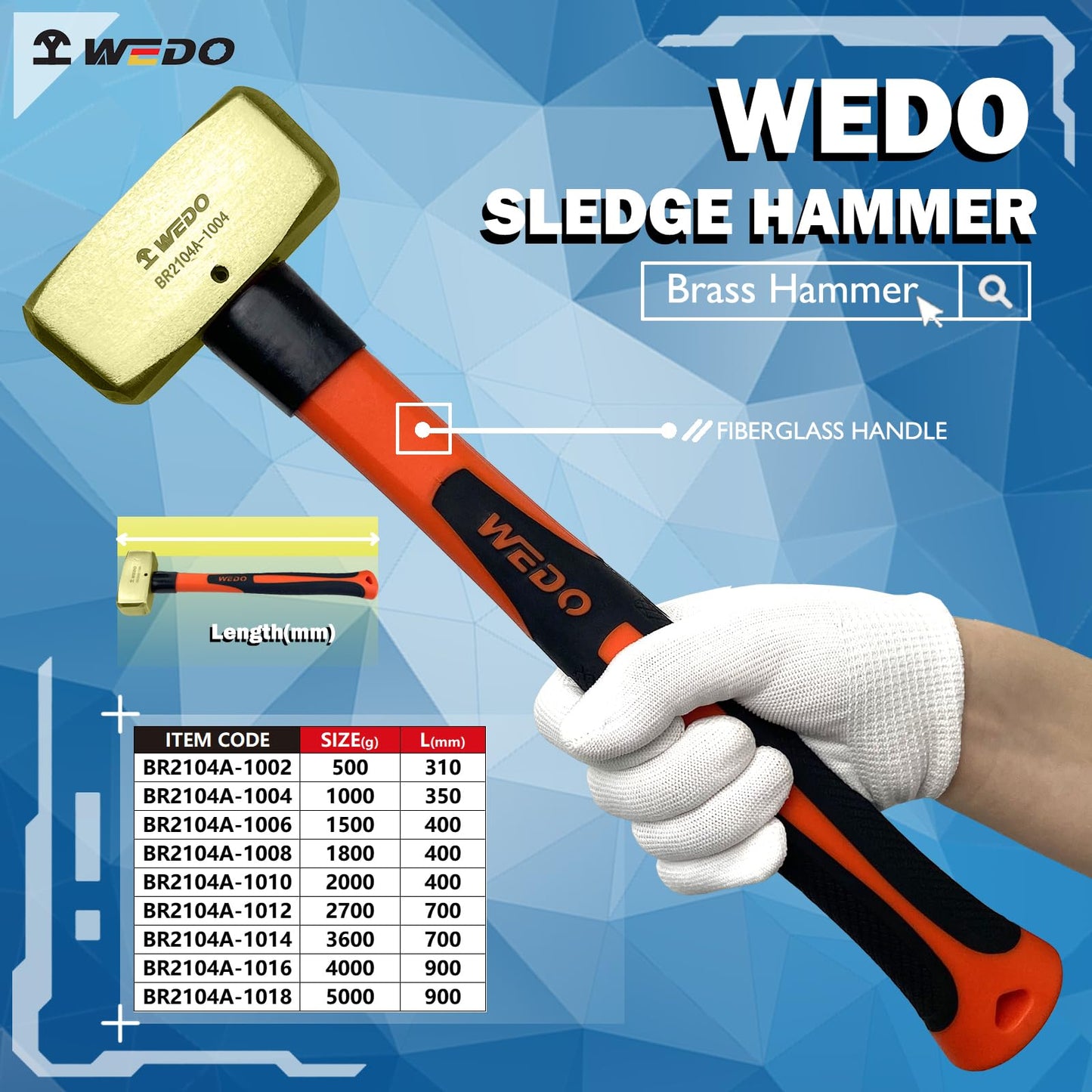 WEDO Brass Sledge Hammer 4 lb, Club Hammer with Fiberglass Handle, Drilling Hammer, Crack Hammer, Die-Forge, Corrosion Resistant, DIN Standard, 15" Length