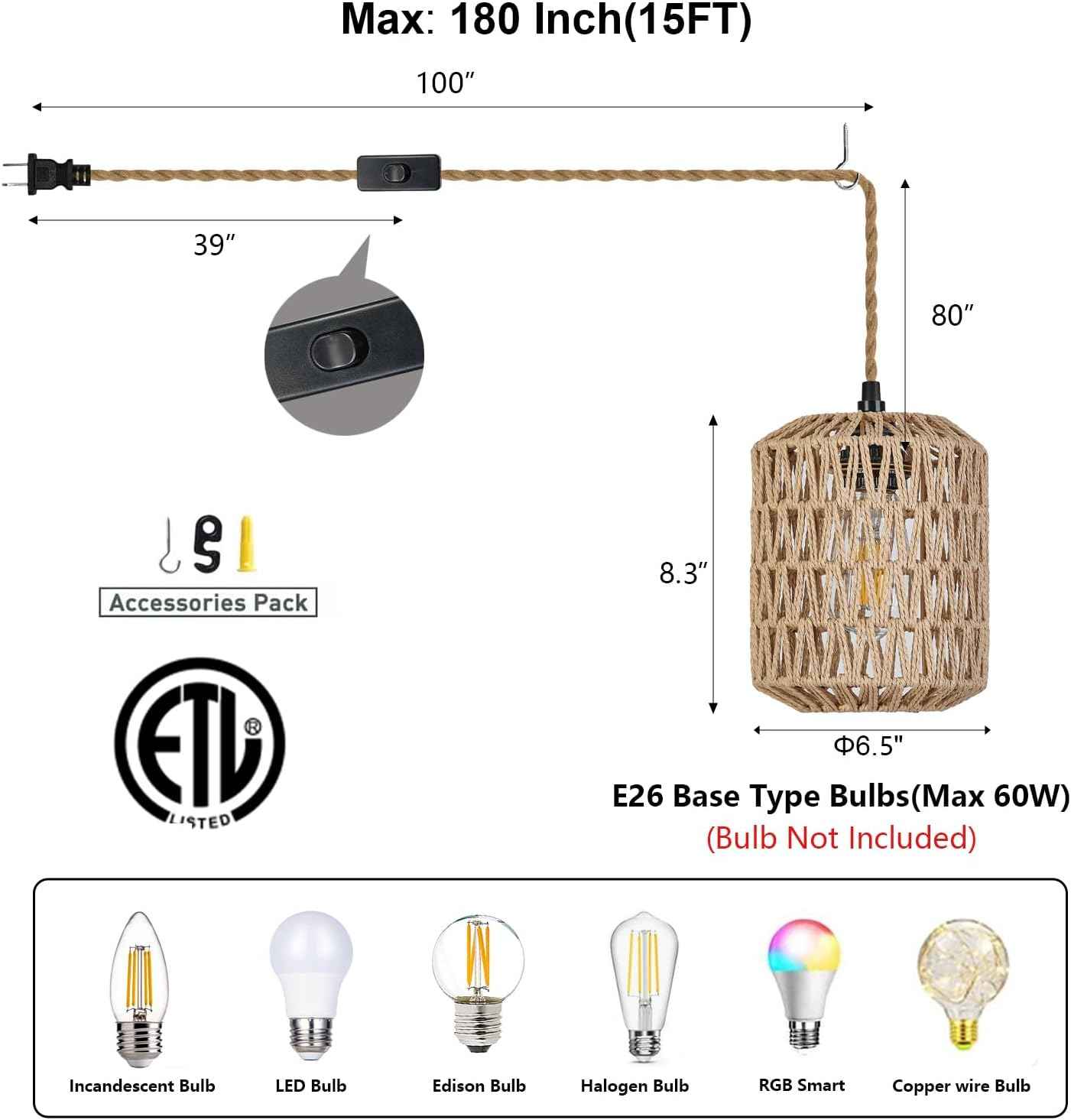 Boho Rattan Pendant Light with 3 Bulbs & 22ft Cord - Woven Hanging Chandelier for Bedroom, Kitchen, Hallway