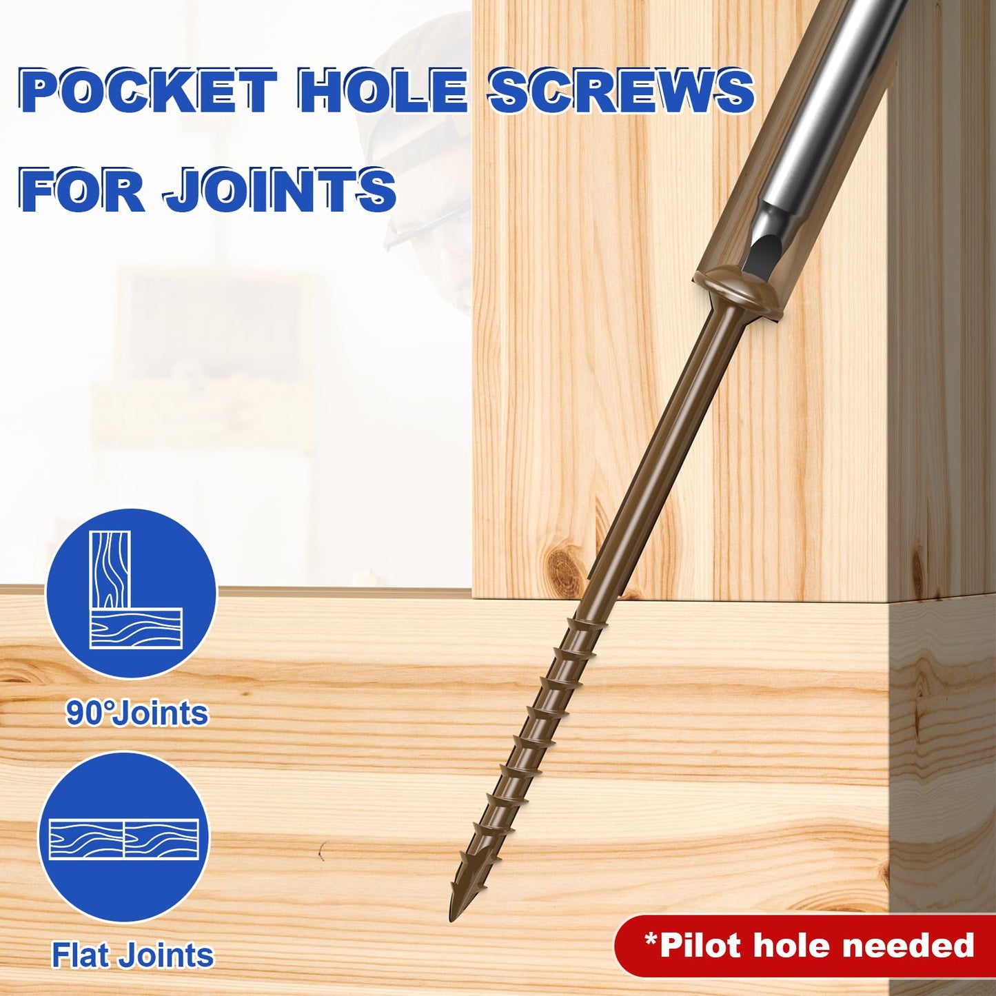 #8 Pocket Hole Screws 1-1/4 Inch, 160Pcs Coarse Thread Wood Screws, Square Drive, Washer Head, 4-Layer Coating, Drive Bit Included (Brown)
