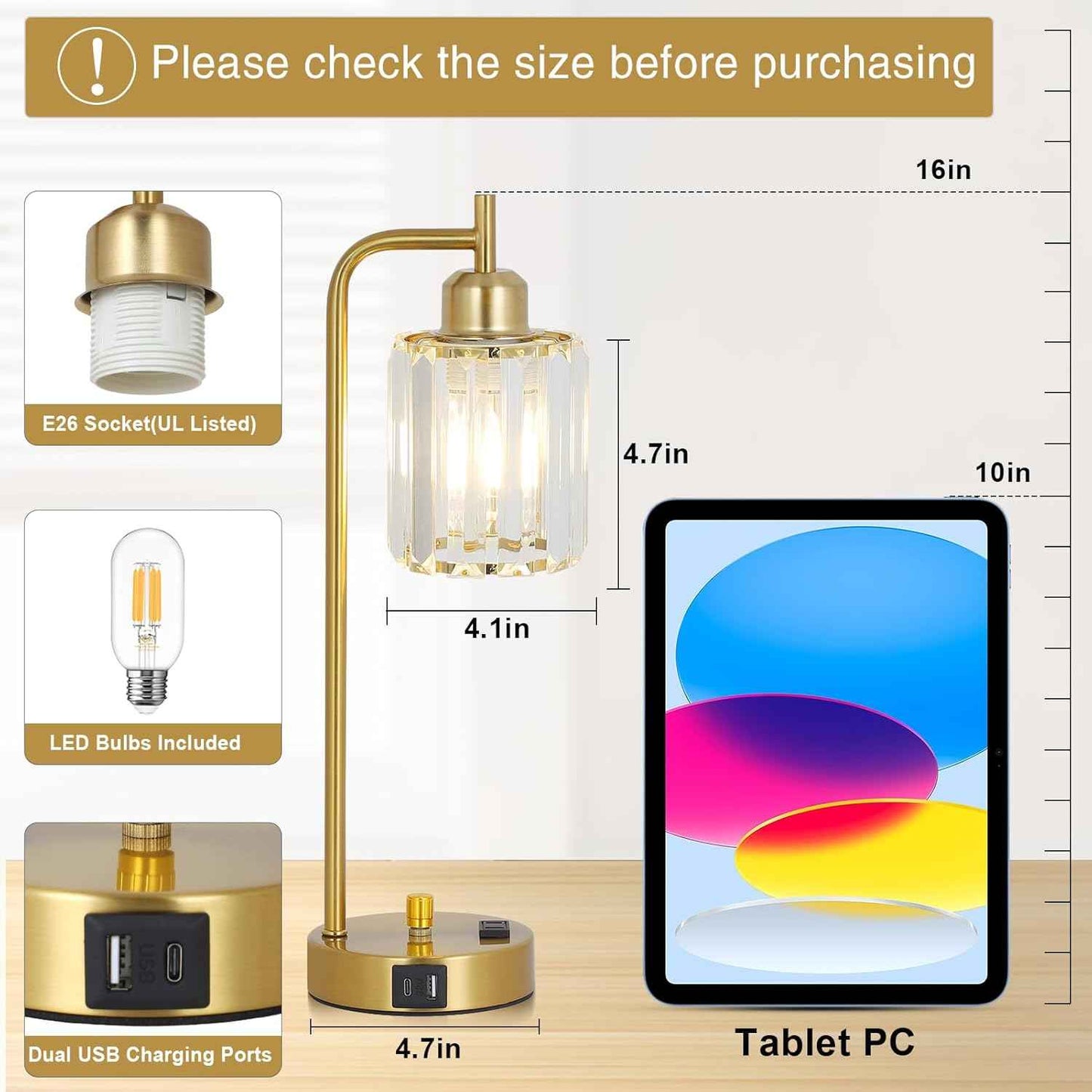 Modern Gold Crystal Table Lamps Set of 2 with LED Bulbs & USB Port - Elegant Bedside Lighting