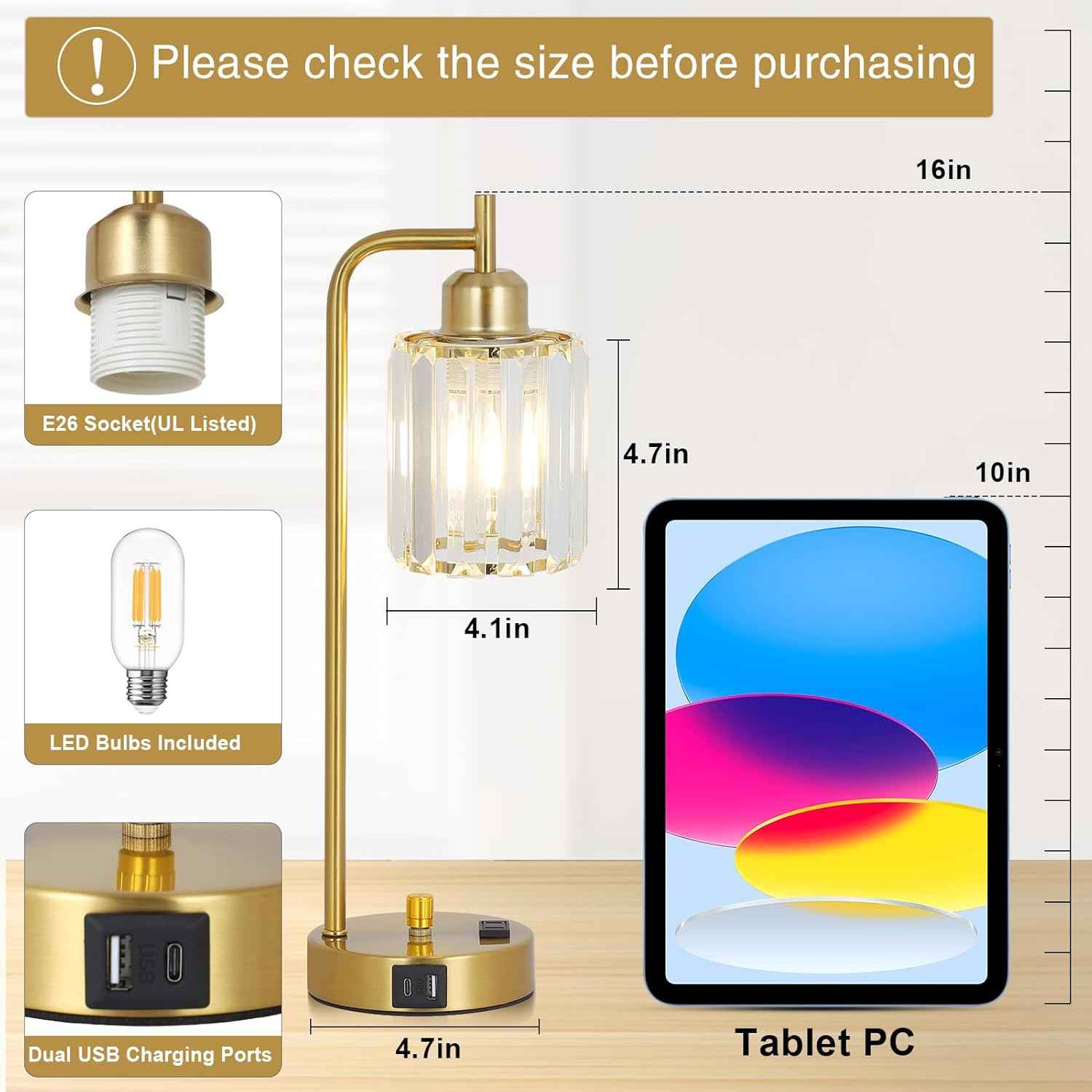Modern Gold Crystal Table Lamps Set of 2 with LED Bulbs & USB Port - Elegant Bedside Lighting