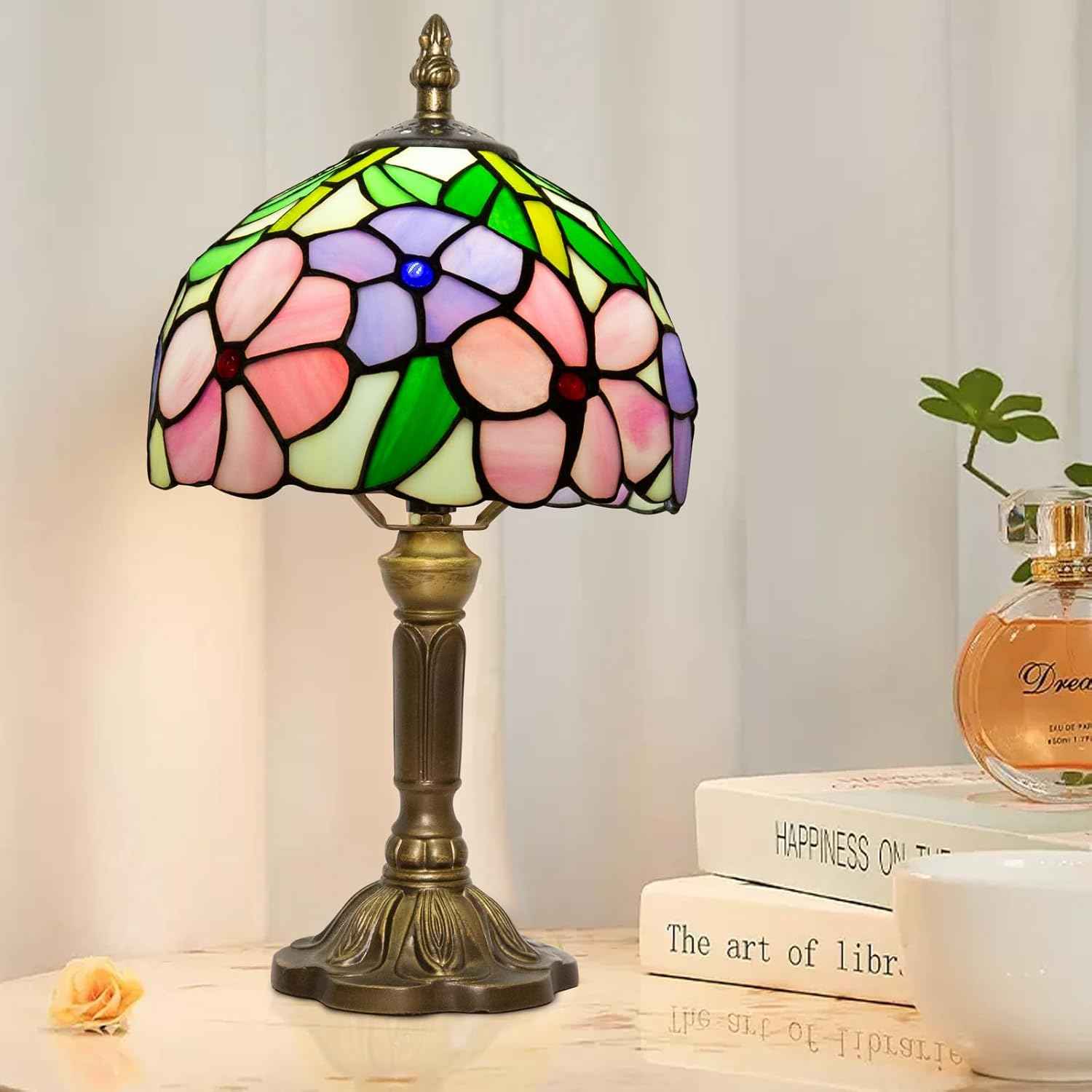 Tiffany Table Lamp - 8 Inch Antique Stained Glass, 3 Color Temperatures, Handcrafted for Bedroom & Living Room