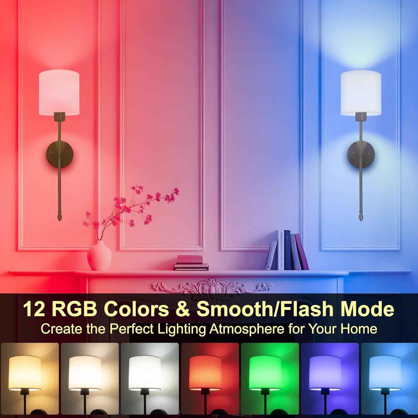 Rechargeable Gold Battery Operated Wall Sconces Set of 2 with Remote & RGB Bulbs