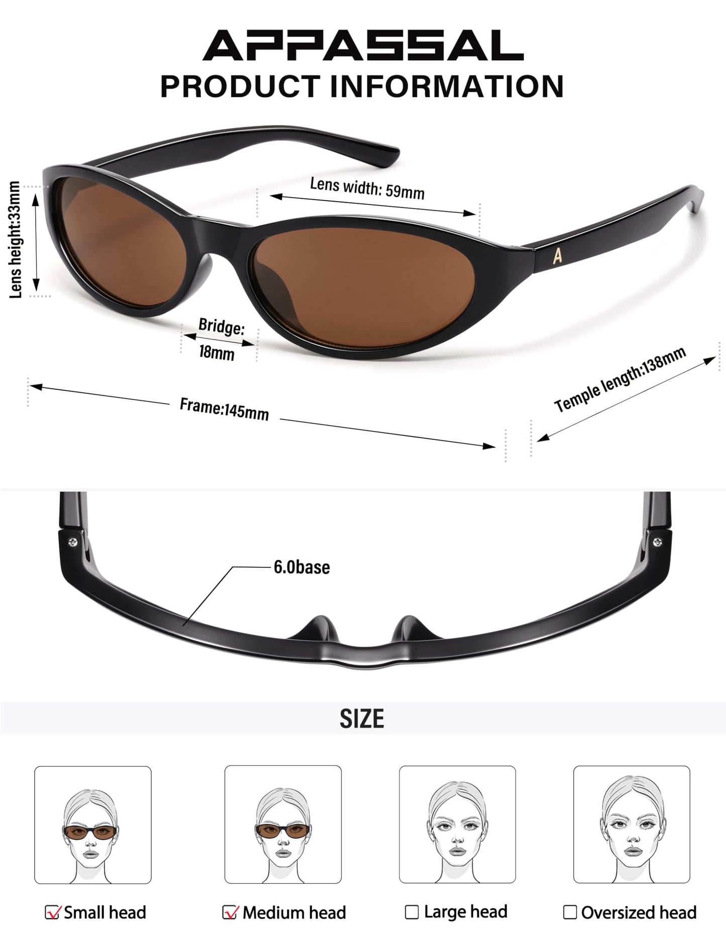 Appassal Retro Y2K Wrap Around Oval Sunglasses AP3741 Black/Brown