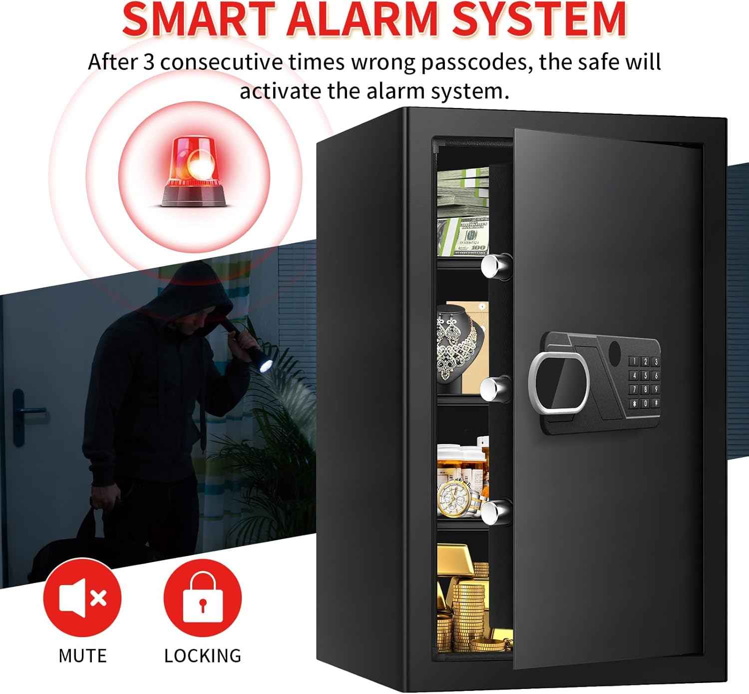 Small Home Safe 1.2 Cubic Feet - Anti-Theft Steel Security Box with Combination Lock & Alarm