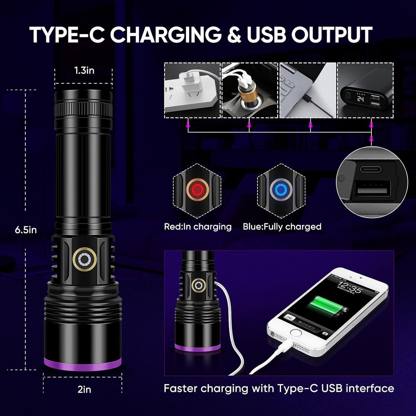 30W UV Flashlight - Rechargeable Black Light for Pet Urine Detection & Curing
