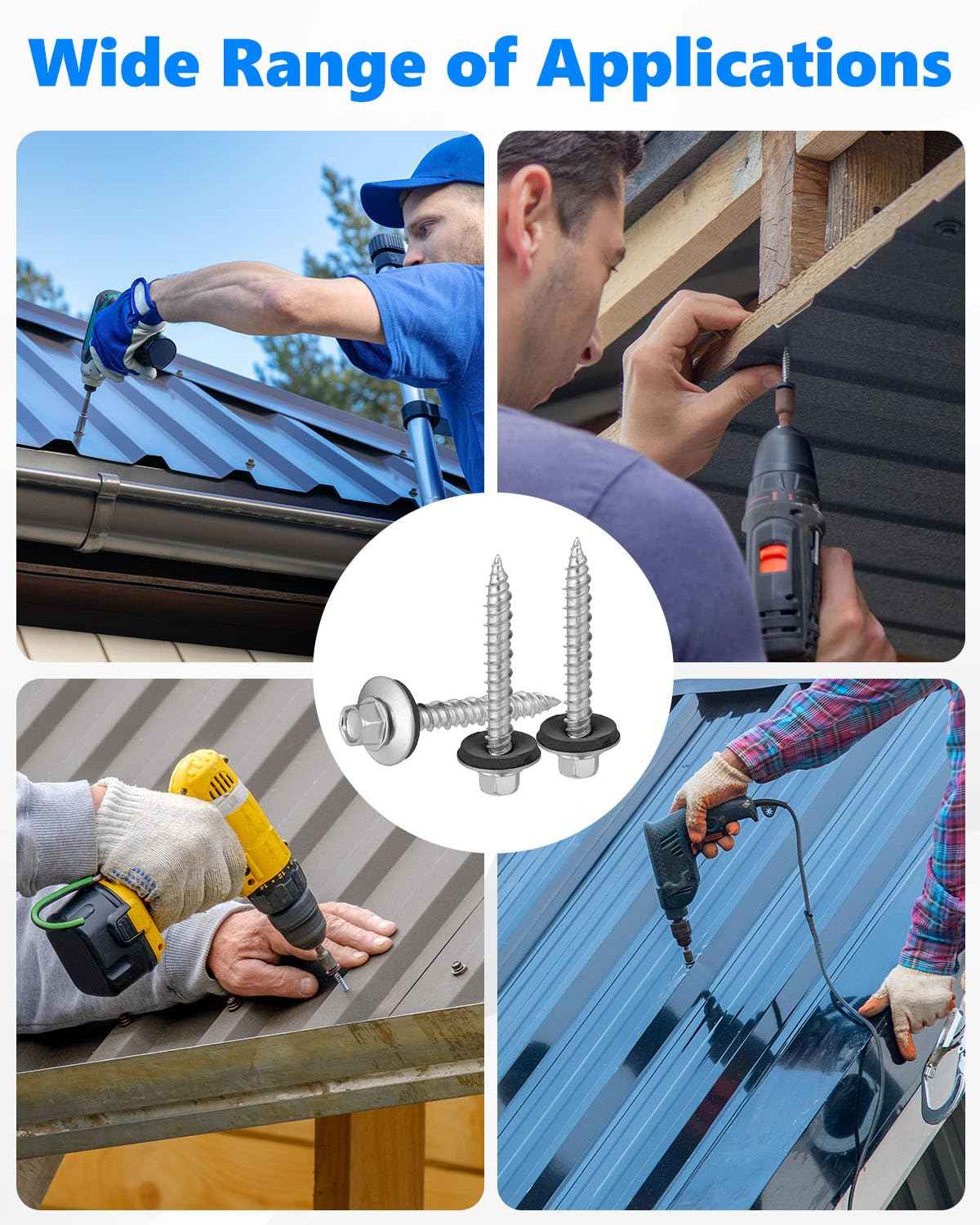 Metal Roofing Screws #10 x 1.5 Inch - 1000 PCS Zinc-Plated Hex Head with Rubber Washers for Corrugated Roofs