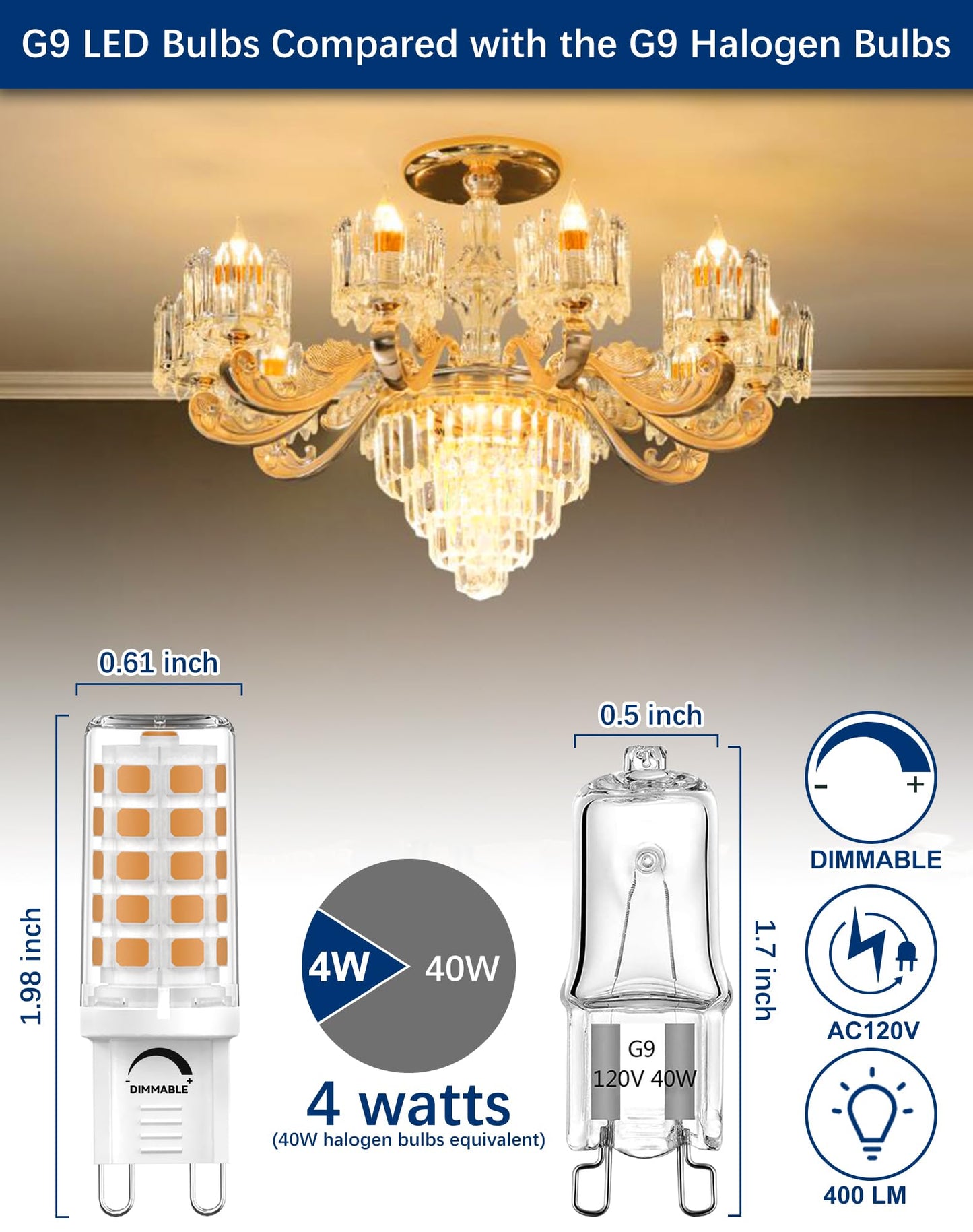 6 Pack G9 LED Bulbs Dimmable, 2700K Soft Warm White, 4W (40W Halogen Equivalent), Bi-Pin G9 Base, 120V 400 Lumens, 360° Beam Angle, 1.5 Inches Tall, Perfect for Chandeliers & Decorative Lighting