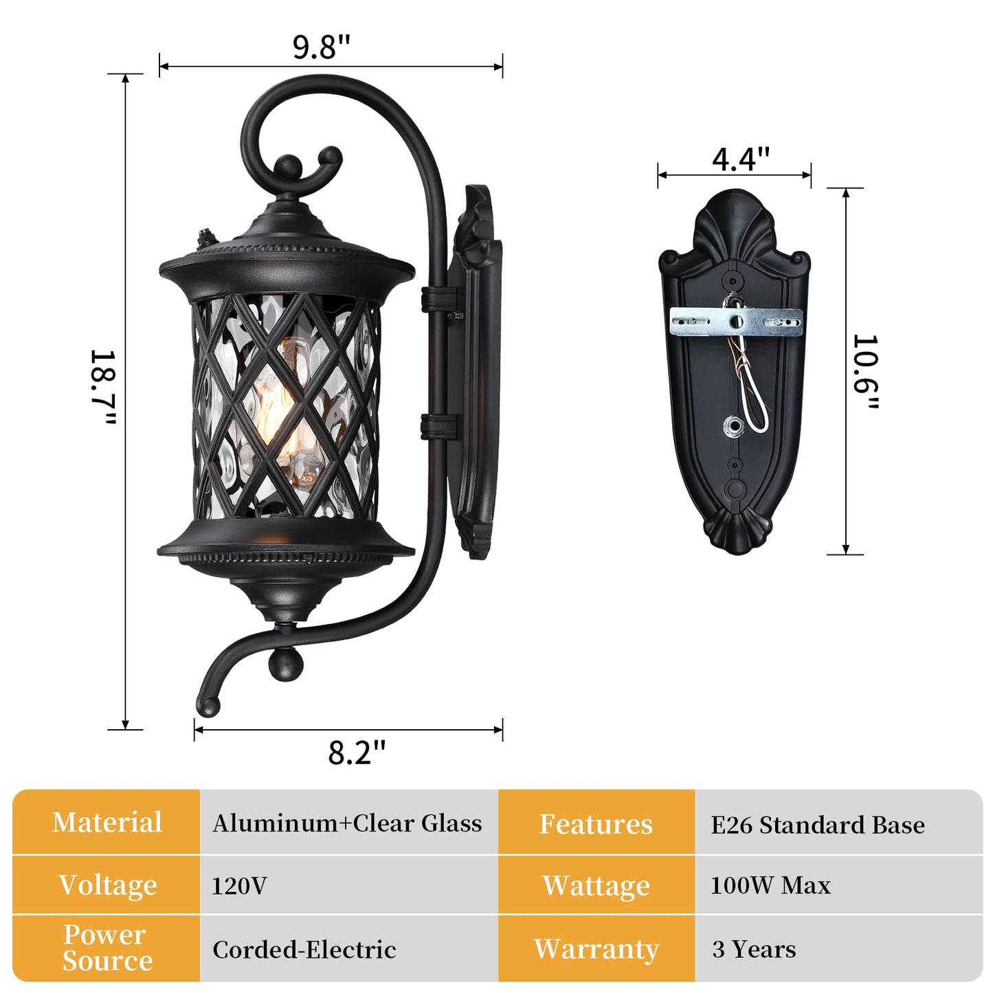 SNRU Retro Dusk to Dawn Outdoor Wall Light Exterior, 18.7" Large Aluminum Black Porch Light Outdoor Wall Sconce Lighting Fixture Lantern for Patio Garage, Bulb Not Included