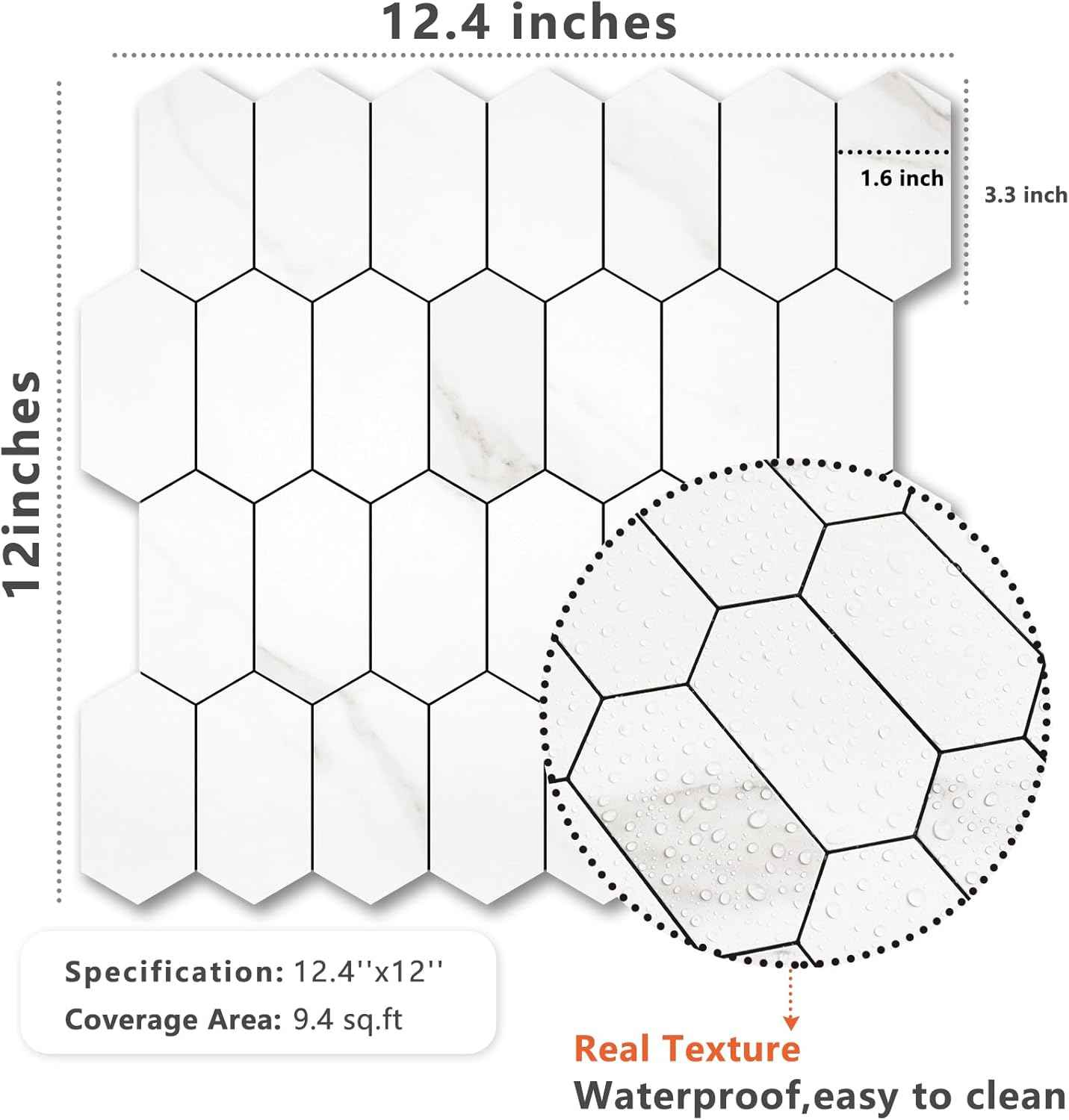 Glossy Wood Grain Peel and Stick Backsplash Tile - 10 Sheets Hexagon Mosaic for Kitchen & Bathroom, 12.4 x 12 Inch