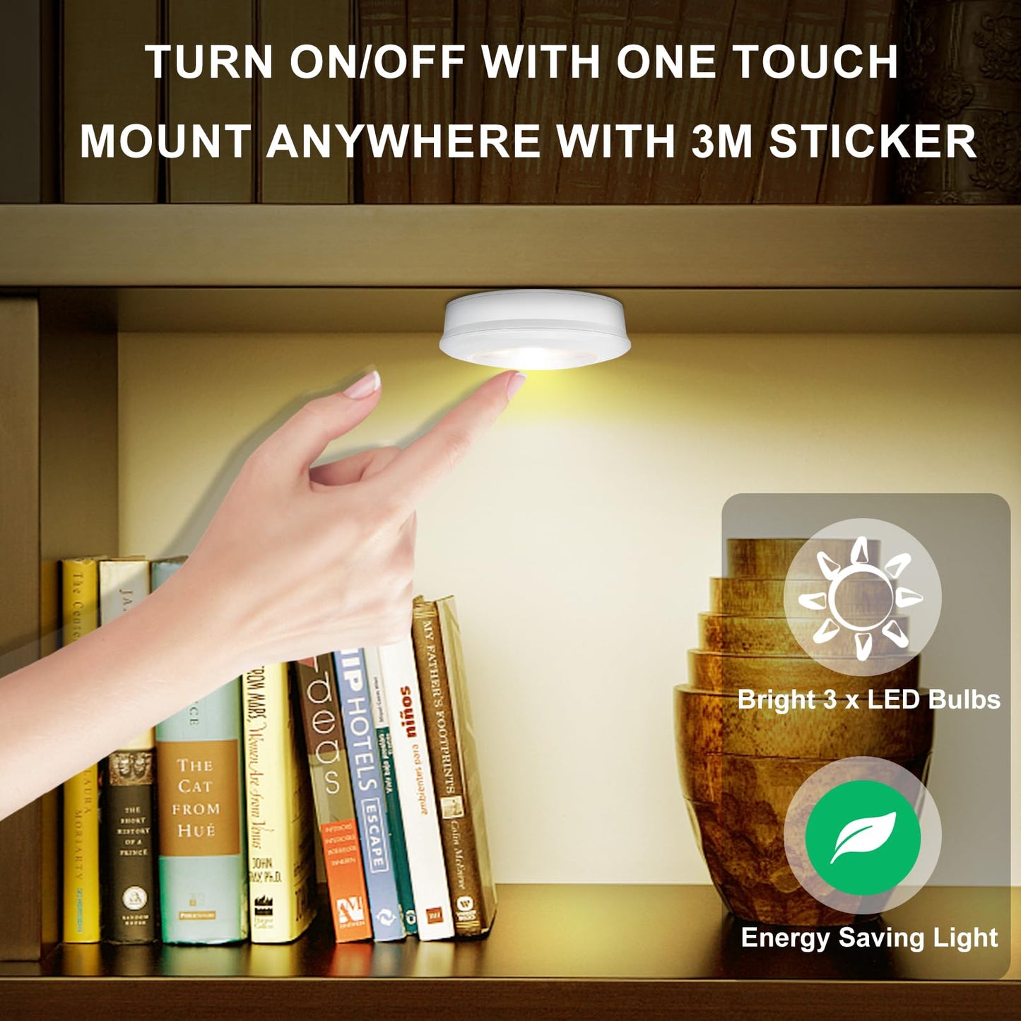 LUXSWAY LED Puck Light, Ultra-Thin Touch Light, Battery Operated, Tap Lights, 60 Lumens, Stick on Lights, Under Cabinet Lighting, Ideal for Kitchen Cabinets, Closets, Garage and More, 3-Pack, White