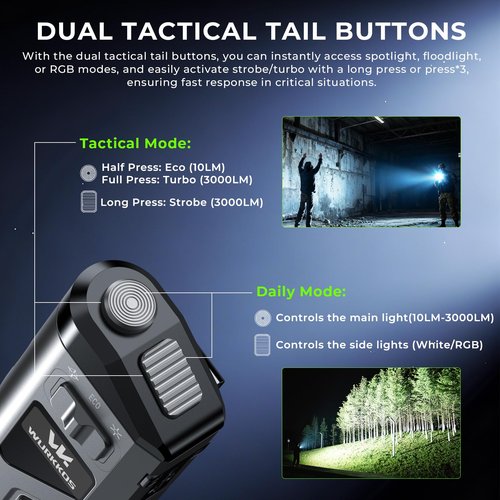 Wurkkos TD11 Tactical Flashlight, 3000 Lumen Slim Flat EDC flashlight, USB-C Rechargeable Flashlights with OLED Display, Dual Tactical Buttons, Spotlight/Floodlight/RGB, IPX6 for Camping & Emergencies