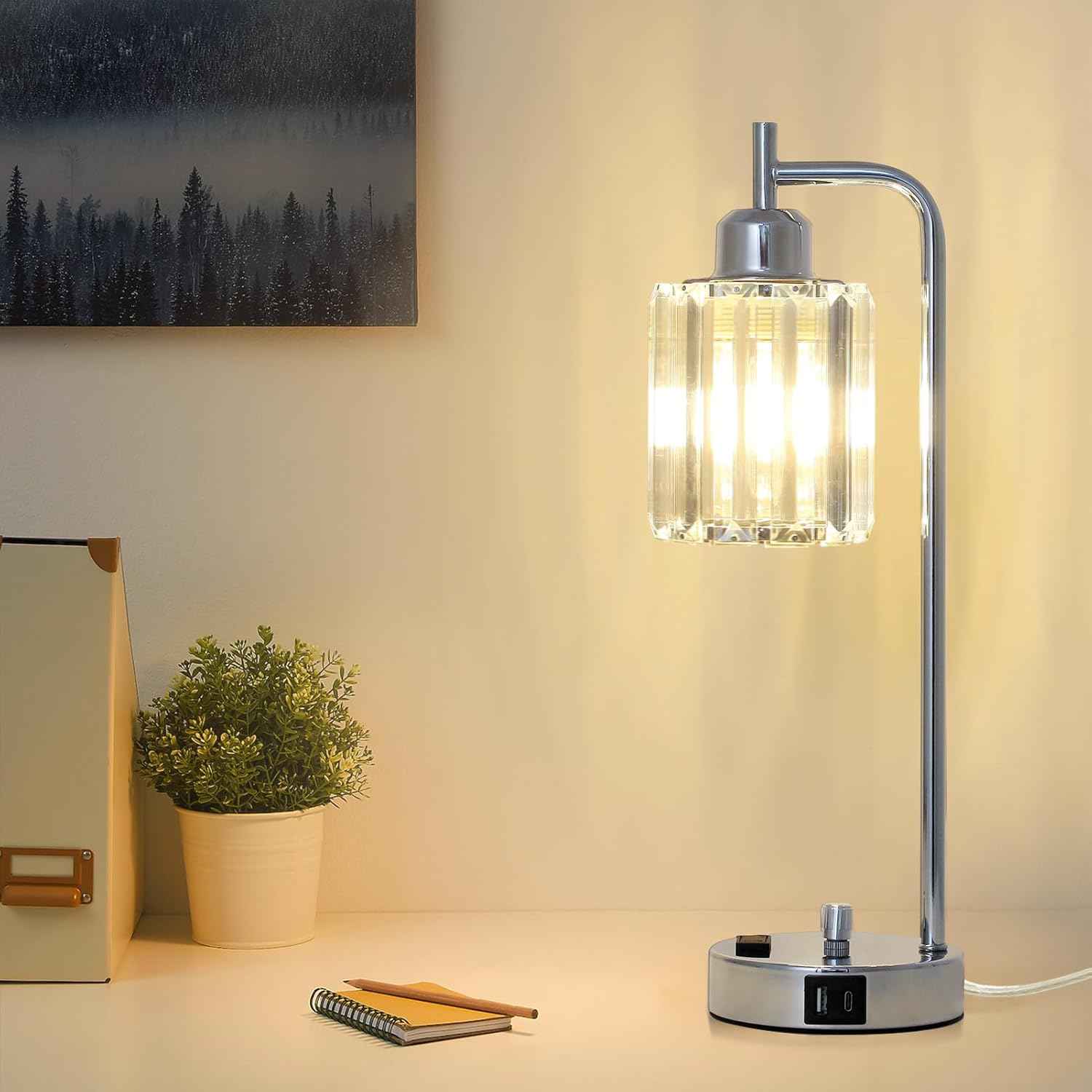 Modern Gold Crystal Table Lamps Set of 2 with LED Bulbs & USB Port - Elegant Bedside Lighting