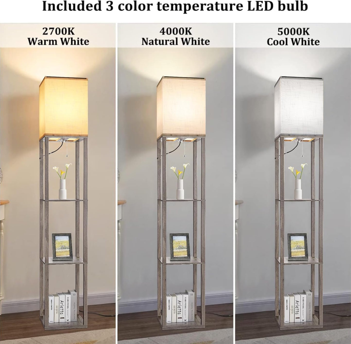 Modern Wood Corner Floor Lamp with Shelves & 3 CCT LED Bulb - Rustic Nightstand & Display Lamp for Living Room, Bedroom, Office