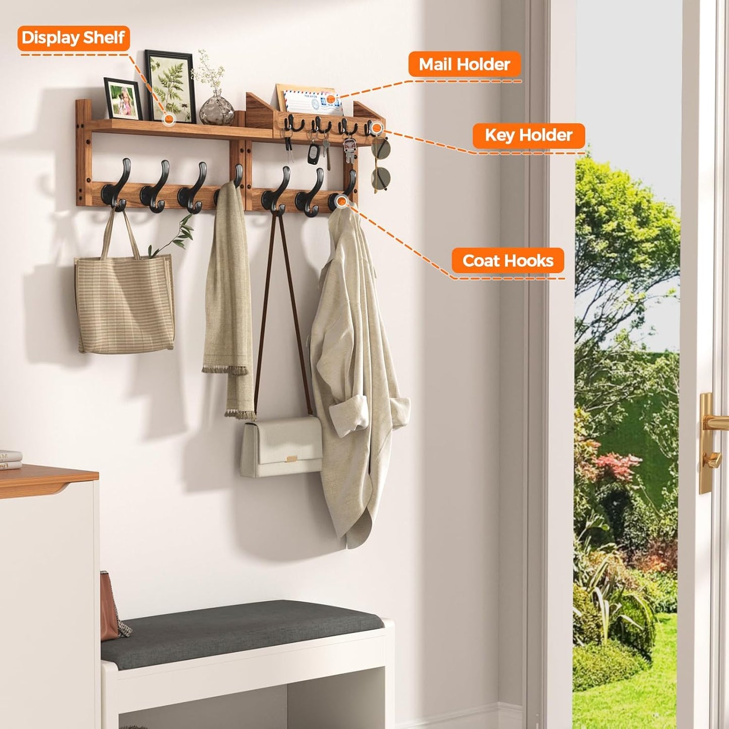 29" Wall-Mounted Coat Rack with Shelf & 11 Hooks - Entryway Key Holder & Mail Organizer