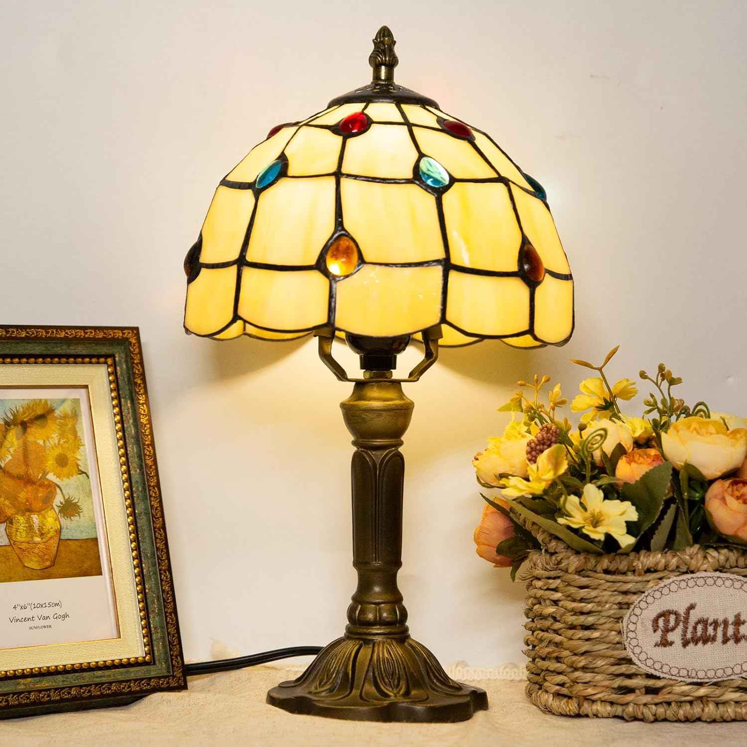 Tiffany Table Lamp - 8 Inch Antique Stained Glass, 3 Color Temperatures, Handcrafted for Bedroom & Living Room
