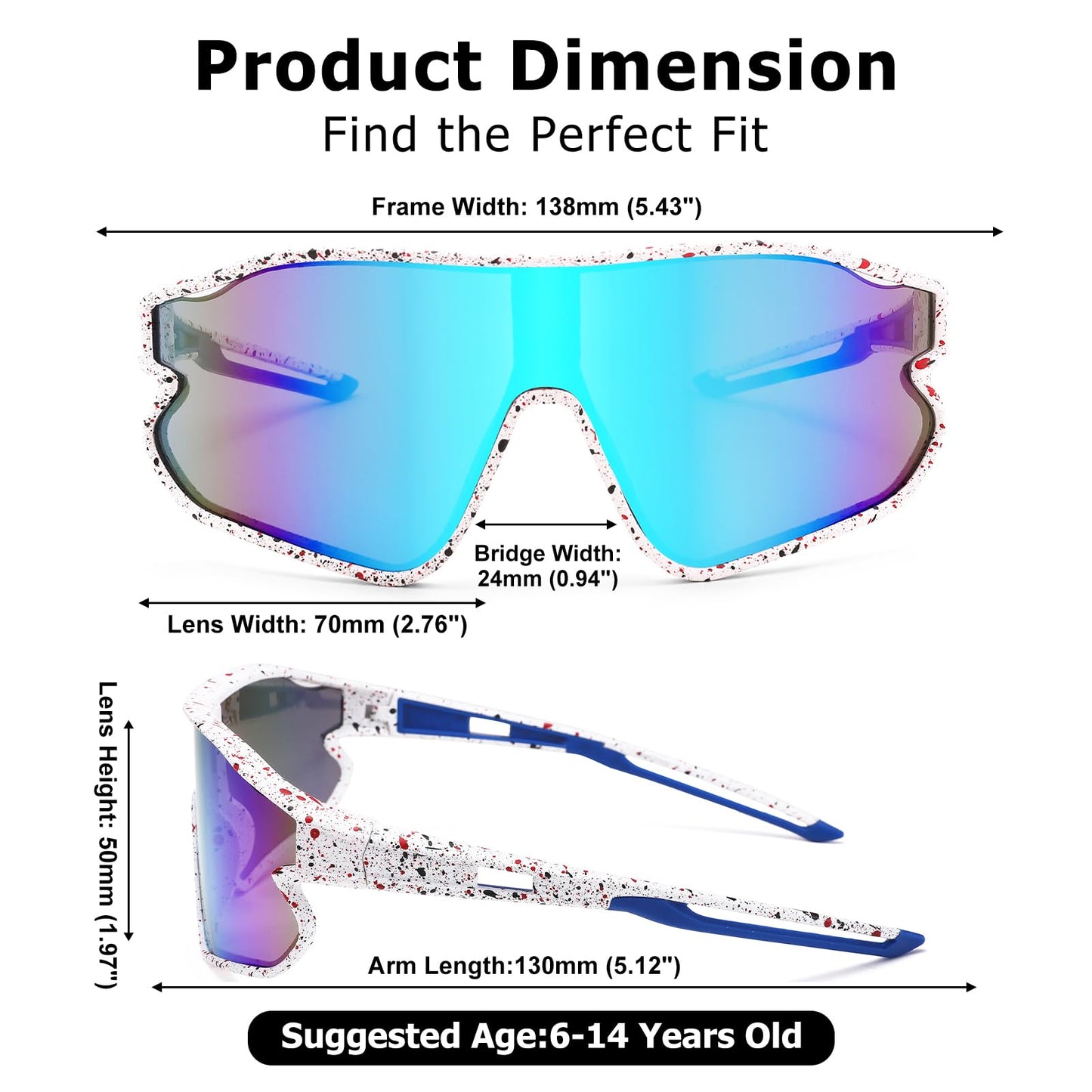 GLARDEFE Kids Baseball Sunglasses - Youth Baseball Sunglasses for Boys Girls - Sports Softball Shades Age 6-14(White/Blue Mirror + Red/Orange Mirror)