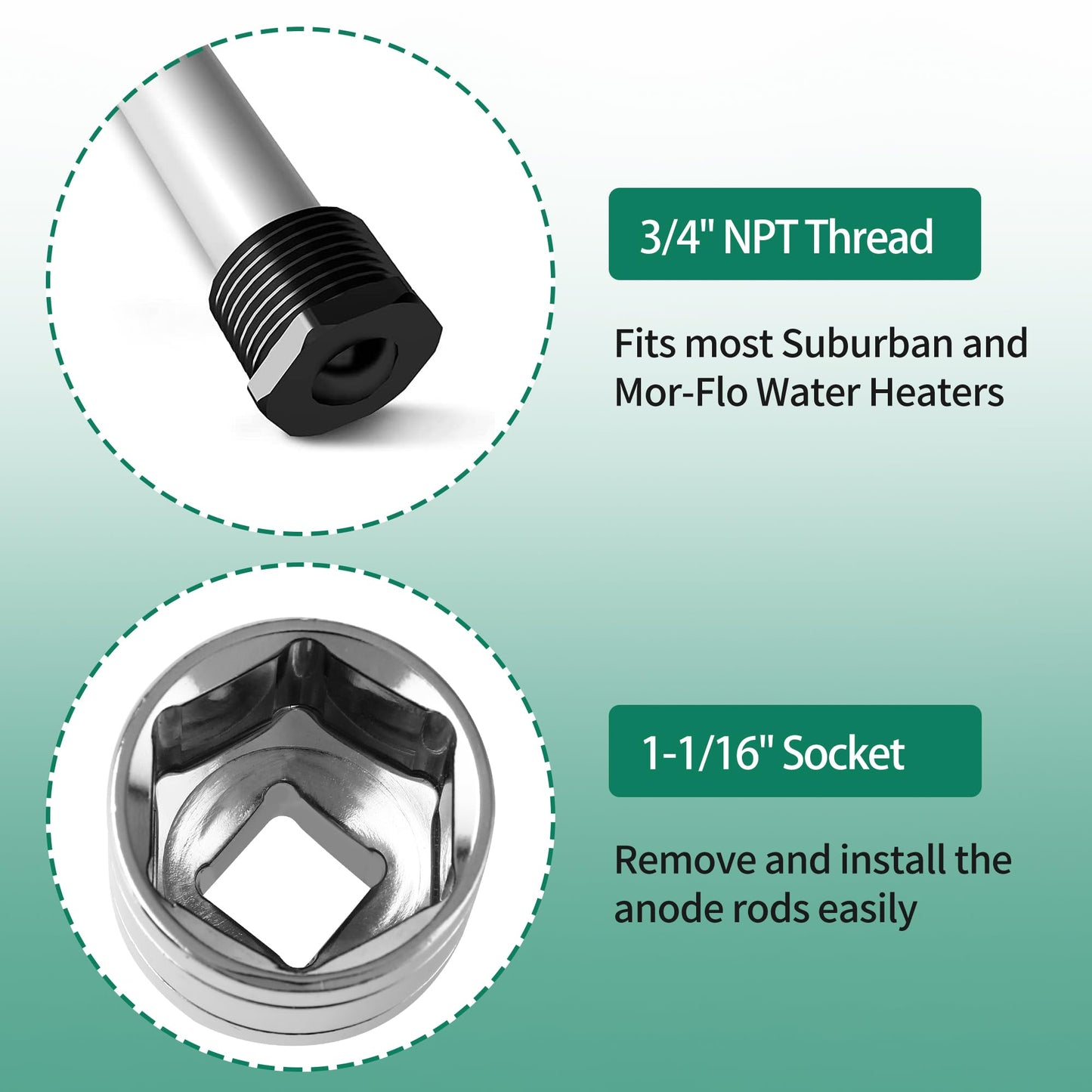 A.I.FORCE RV Water Heater Element Socket Wrench, 1-1/16 Inch Socket for 3/4" NPT Thread Magnesium Rods on RV, Camper Travel or Trailers, 6-Point with 1/2 Inch Socket Drive