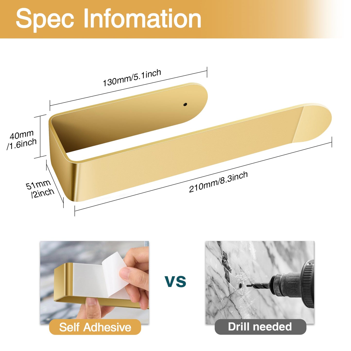 8 Inch Hand Towel Holder, Self Adhesive Towel Bar for Bathroom, Rustproof Aluminum U-Shape Towel Rack Stick on Wall, Brushed Gold