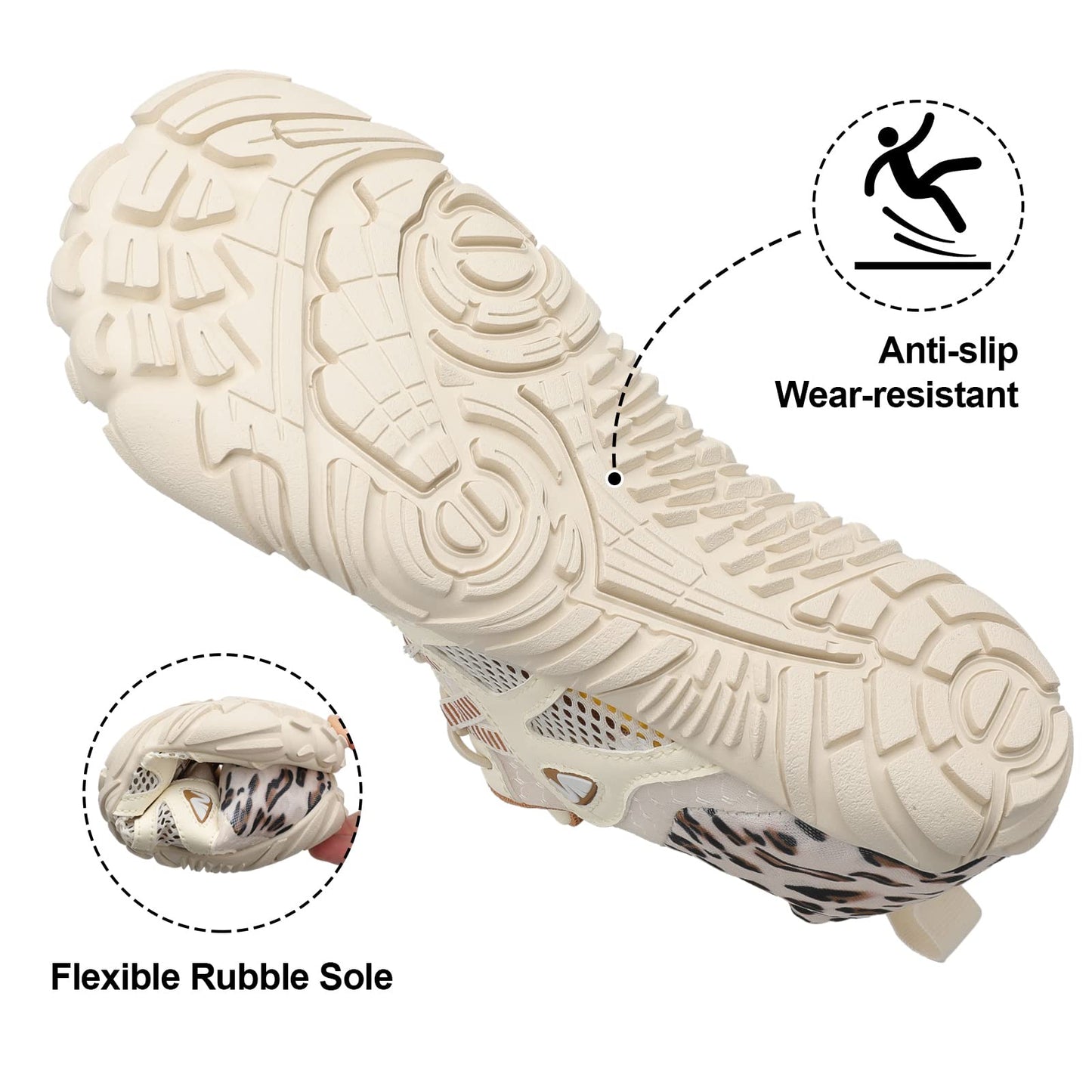 XIHALOOK Womens Mens Beach Water Shoes Quick Dry Barefoot for Swim Pool Lake Hiking Kayaking Surfing Beige Leopard, 8.5 Women/7 Men