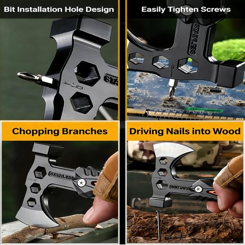 18-in-1 Multitool Hatchet Camping Axe with Hammer & Knife with Protective Sheath, Survival Gear for Men Dad, Emergency Car Tool & Hiking Accessories, Cool Gadgets for Outdoor Hiking Emergency
