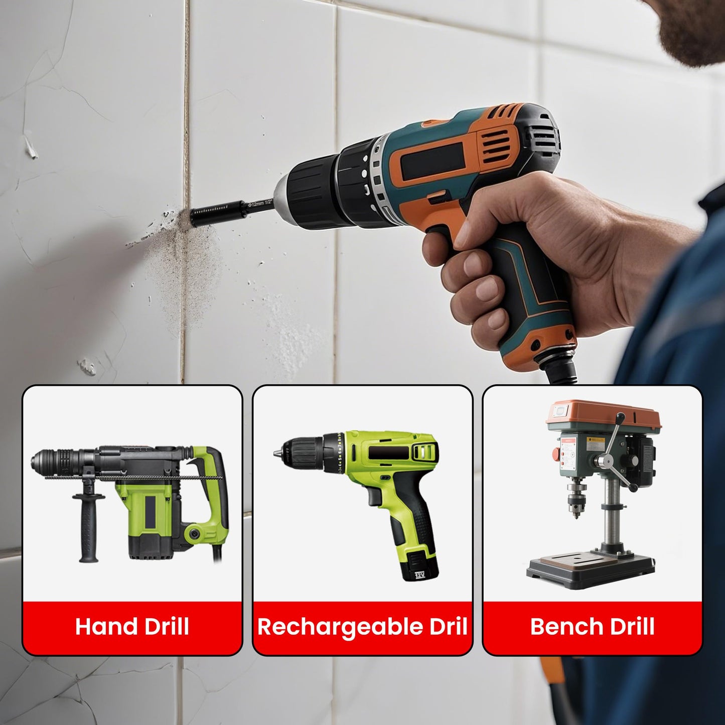 REKCKRUL 5-Pack Diamond Drill Bits Set, 1/4 5/16 3/8 1/2 Inch Diamond Hole Saw – 1/4 Hex Shank Core Drill Bits for Ceramic, Tile, Glass, Granite, Marble, Brick & Stone, 6/8/10/12mm