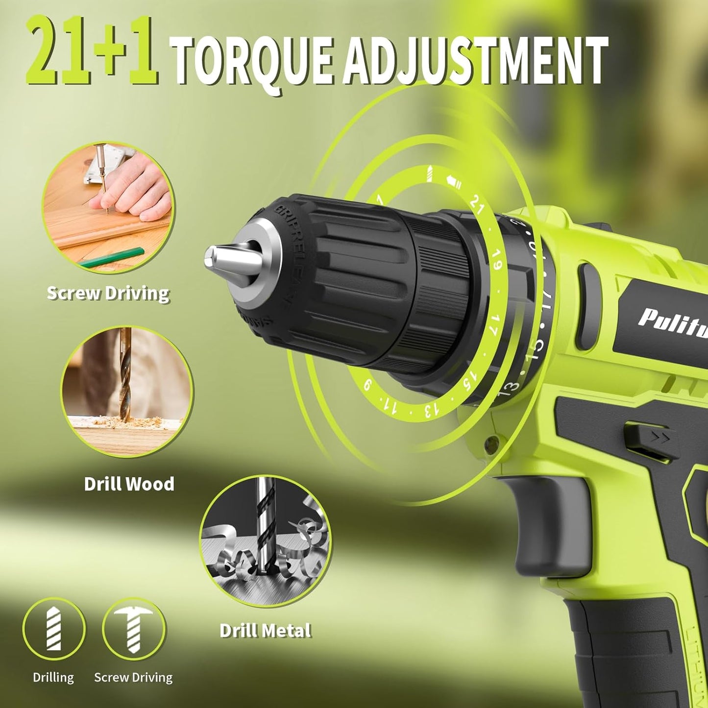 20V Cordless Drill/Driver Kit with 2 Batteries, 30Nm Torque & LED Light - PULITUO