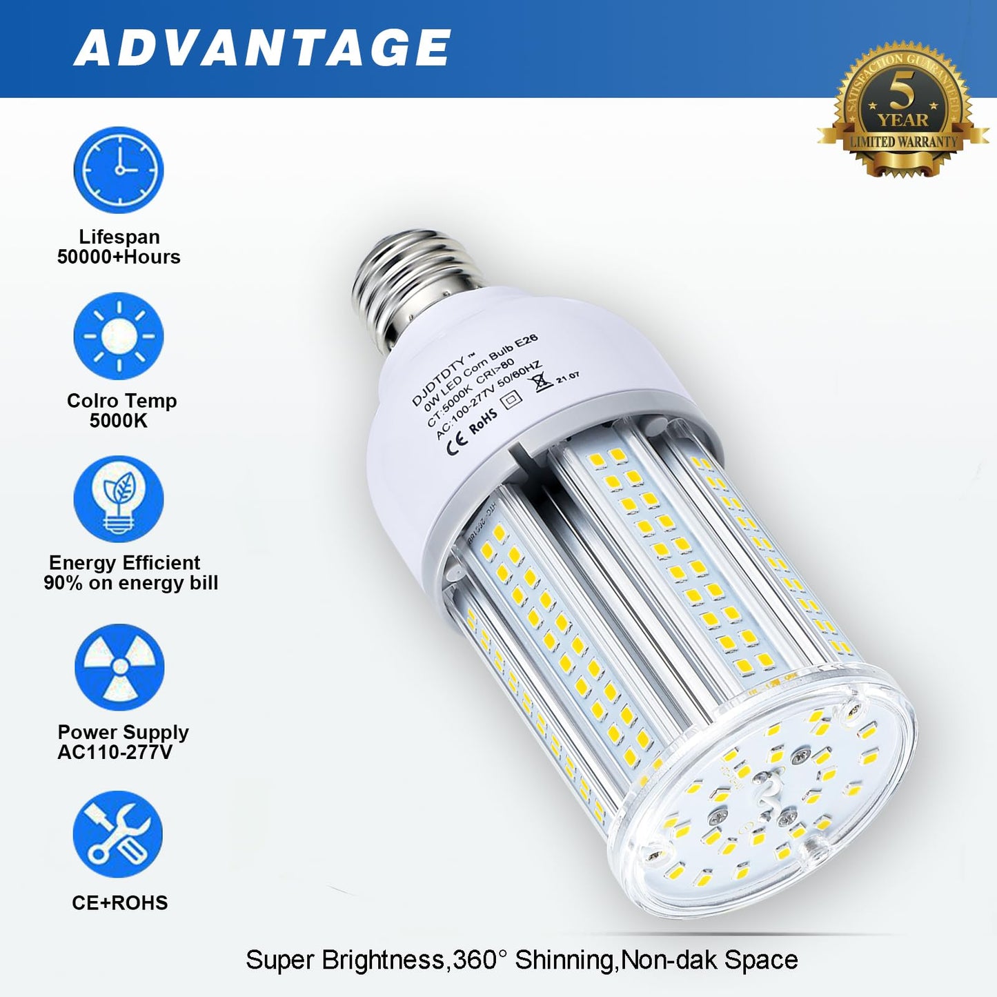 DJDTDTY 32WLED Corn Bulb, E26 Base with E27 Adapter, 5000K 5000LM LED Light Bulb for Garage Warehouse Workshop Barn (32Watts)
