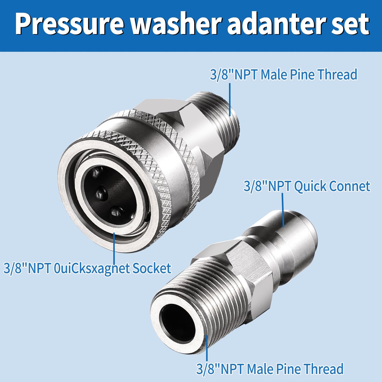 FENG PAI 4Pack NPT 3/8 Inch Pressure Washer Adapter Set, 4 Sets Stainless Steel External and Internal Male Female Quick Connector Kit, Pressure Washer External, Internal Female and Male Thread Fitting