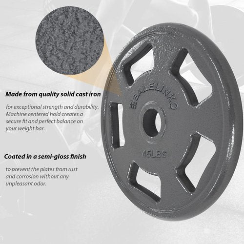 Balelinko Cast Iron 2-Inch Olympic Grip Plate Weight Plate for Strength Training, Weightlifting and Crossfit in Single, 45LB, Gray