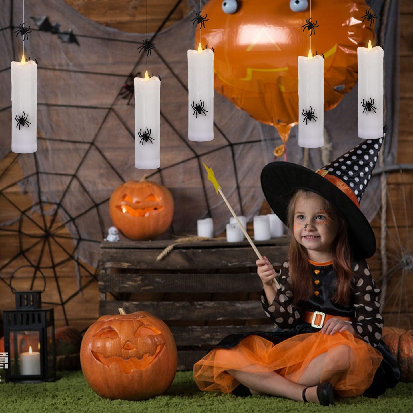 KunSwenn Halloween Floating Candles Flameless with 3D Spider, Set of 4 Hanging Candles Floating with Fishing Line, Floating Candle with Remote, Halloween Candle with 3 Black Spider for Home Decor