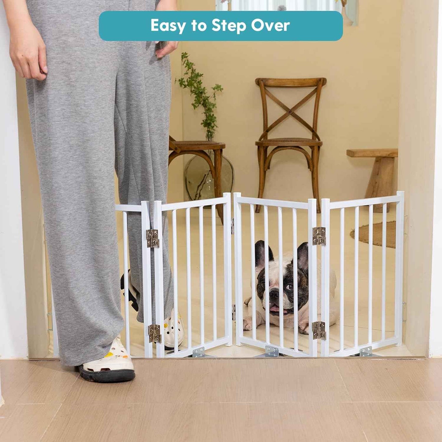 Free Standing Short Dog Gate - 16.5'' Tall Foldable Puppy Fence for Indoor/Outdoor Use, Extra Wide 48'' for Stairs & Doorways (White, 4 Panels)
