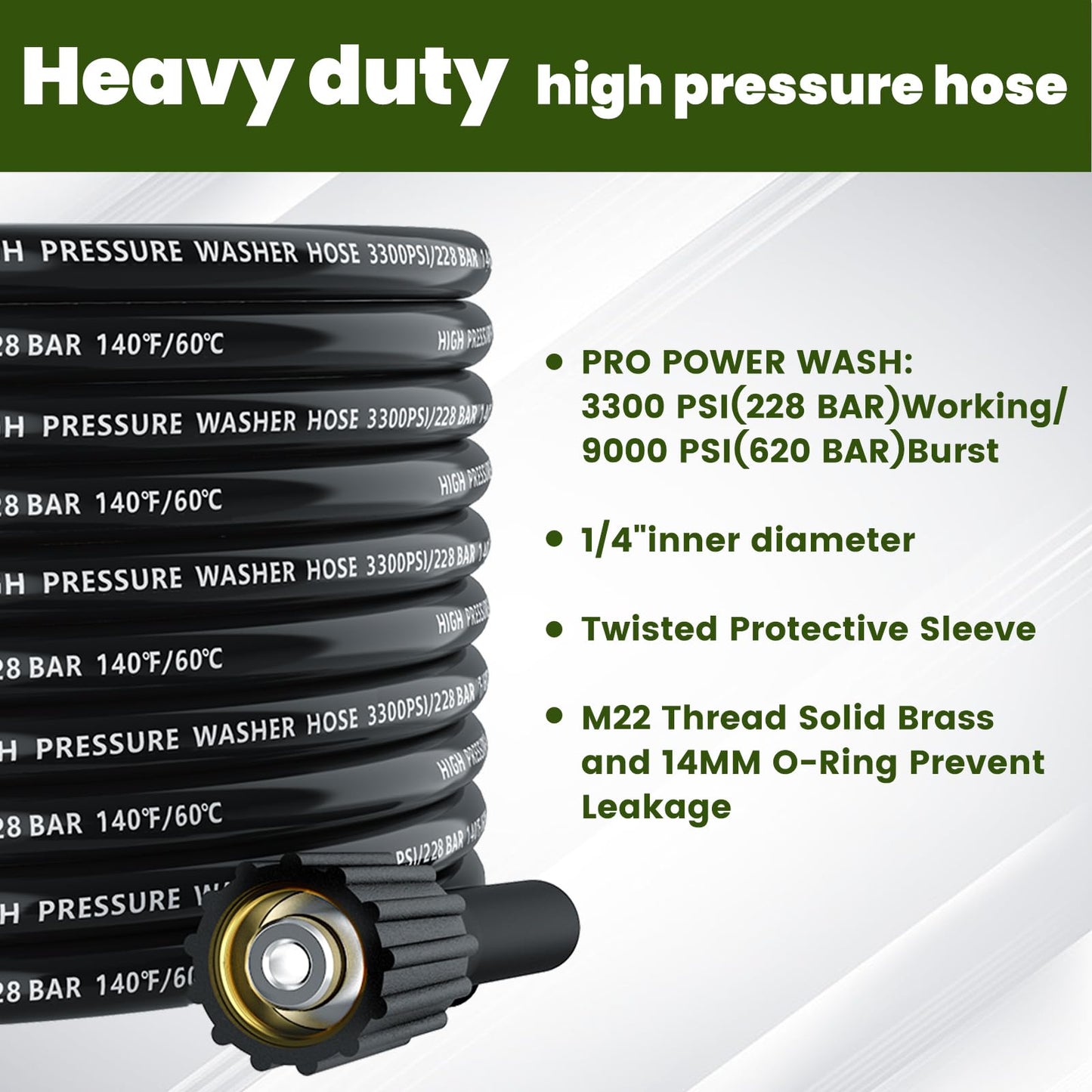 Pressure Washer Hose 32FT, 3300PSI 1/4" Power Washer Hose with M22-14 Brass Fitting, Kink Resistant, No-Leak Design, Durable Replacement Hose fo Ryobi, Greenworks, CRAFTSMAN Most Brand Power Washer