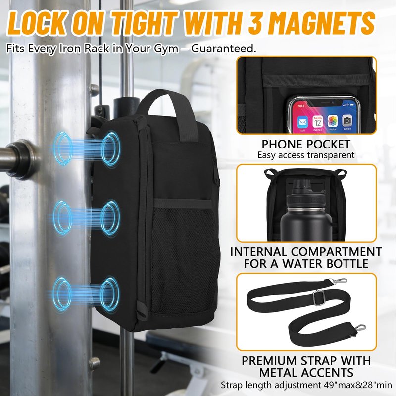 TOUGHMATE Magnetic Gym Water Bottle Bag with Strong Magnet Holder for Men and Women, Small Carrying Pouch for Phone Keys and Earbuds, Secure Metal Attachment for Gym and Sports Use - Black