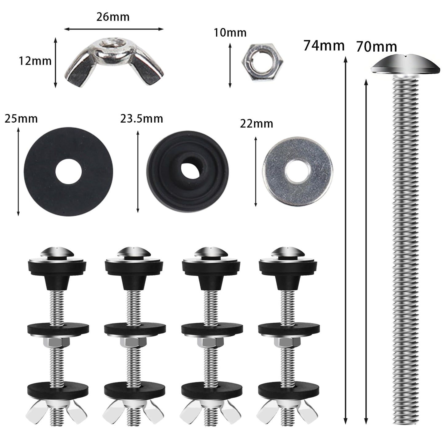 4PCS Universal Toilet Seat Bolts Kit, Heavy Duty Toilet Tank Bolts Replacement, Waterproof Stainless Steel Toilet Seat Screws and Rubber Washers Gaskets with Extra Long Nut