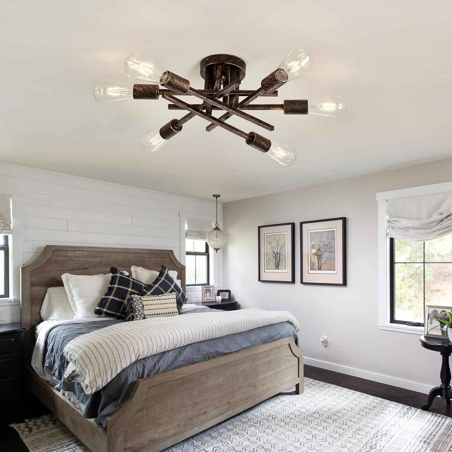 Gold Modern 6-Light Semi Flush Mount Ceiling Light Fixture - Vintage Sputnik Chandelier for Kitchen, Dining & Living Room