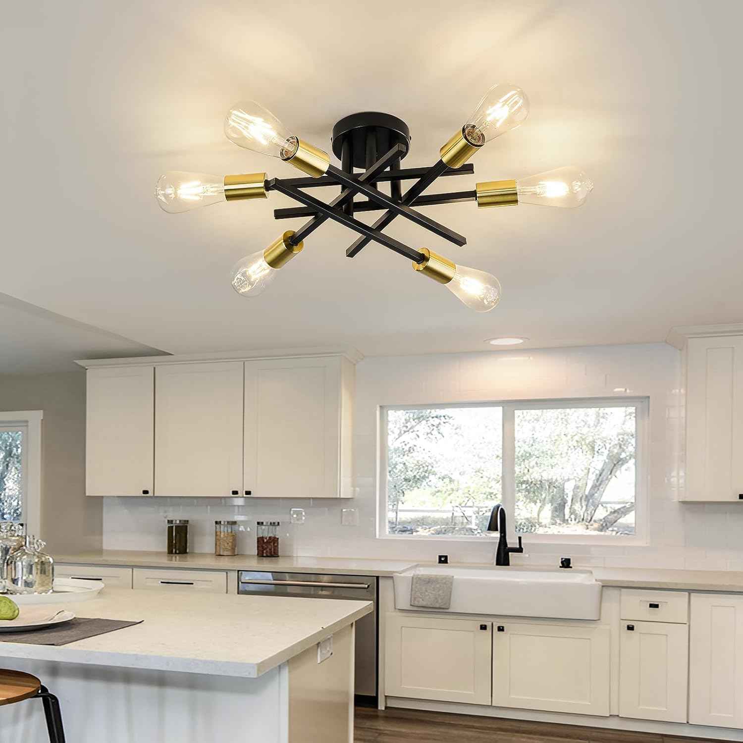 Gold Modern 6-Light Semi Flush Mount Ceiling Light Fixture - Vintage Sputnik Chandelier for Kitchen, Dining & Living Room