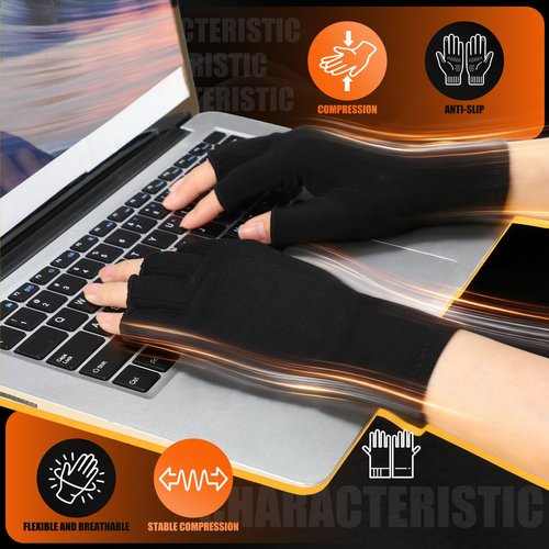 Cuffbow 3 Pairs Bamboo Compression Gloves Fingerless Bamboo Arthritis Gloves for Women Men with Breathable Fabric Arthritis and Carpal Tunnel Support, Size L, Black