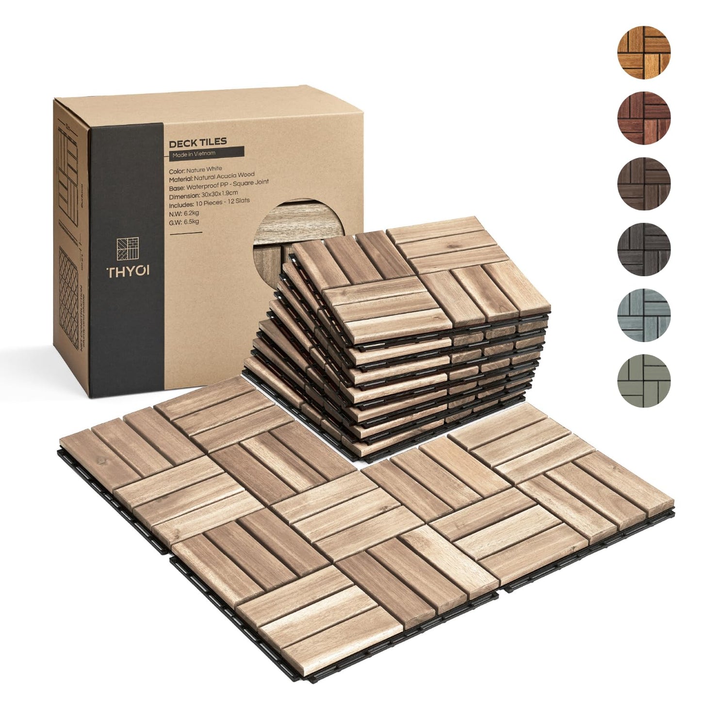 Outdoor Waterproof Acacia Wood Deck Tiles - 10 Pcs Patio Flooring for All Weather Use