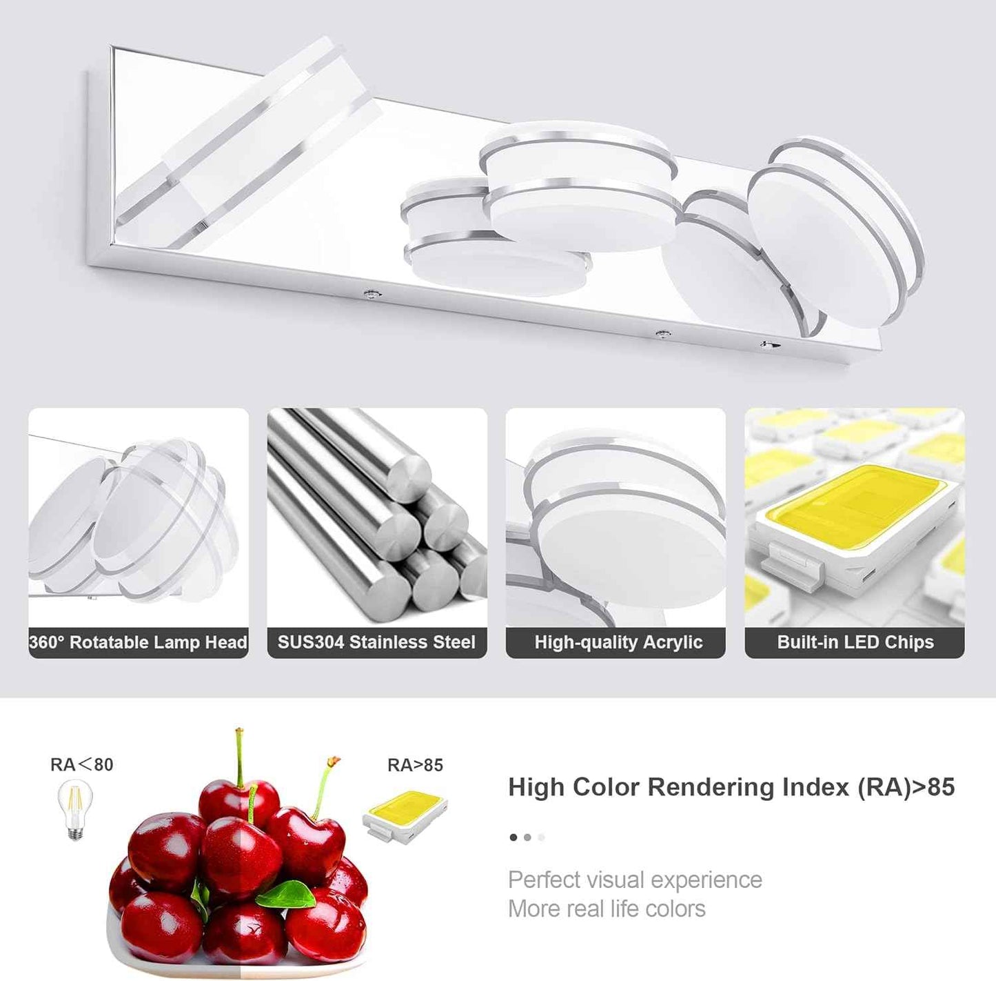 LED Chrome 3-Light Dimmable Bathroom Vanity Light Fixture - Modern Acrylic & Stainless Steel Over Mirror Lighting