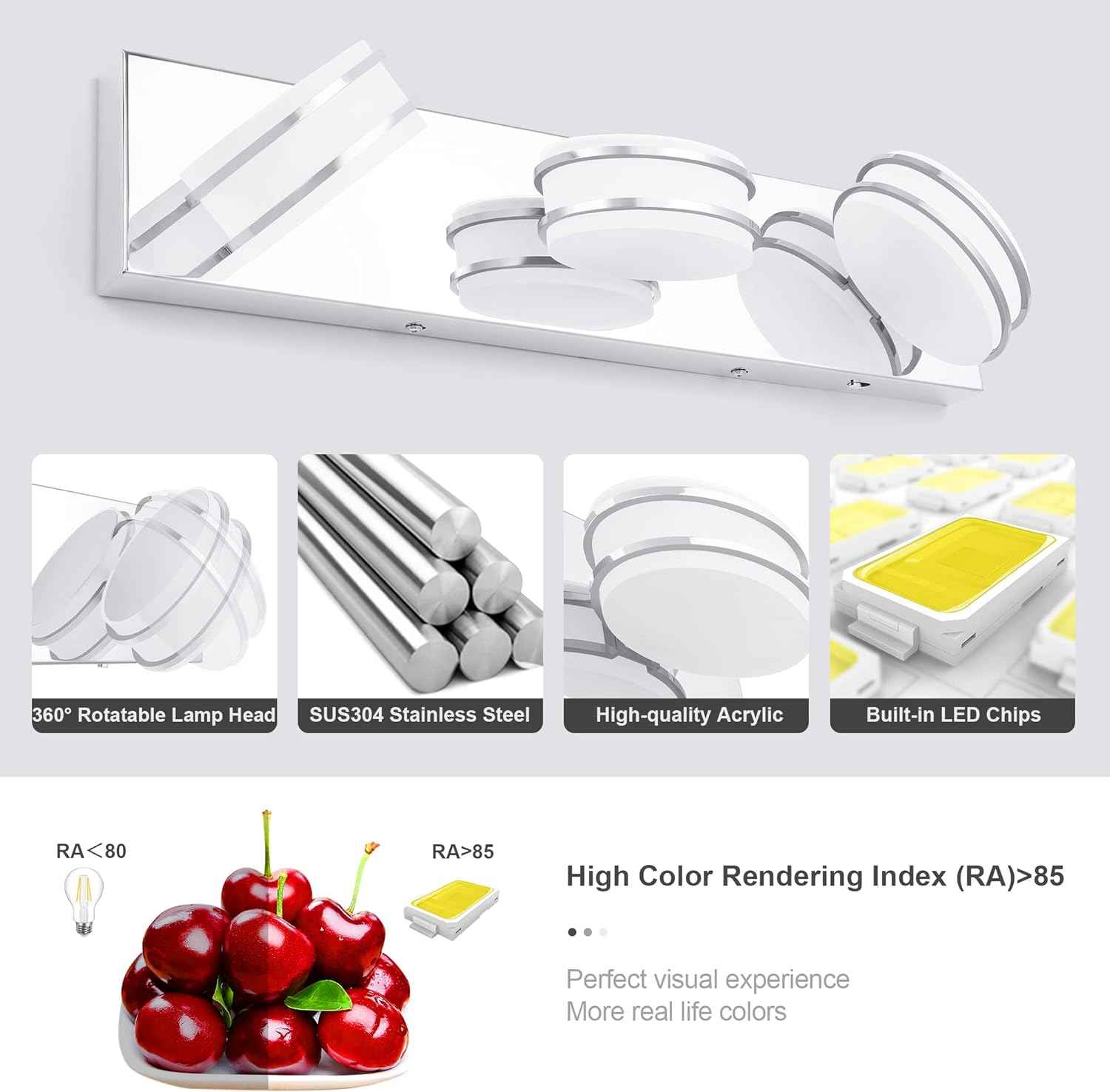 LED Chrome 3-Light Dimmable Bathroom Vanity Light Fixture - Modern Acrylic & Stainless Steel Over Mirror Lighting
