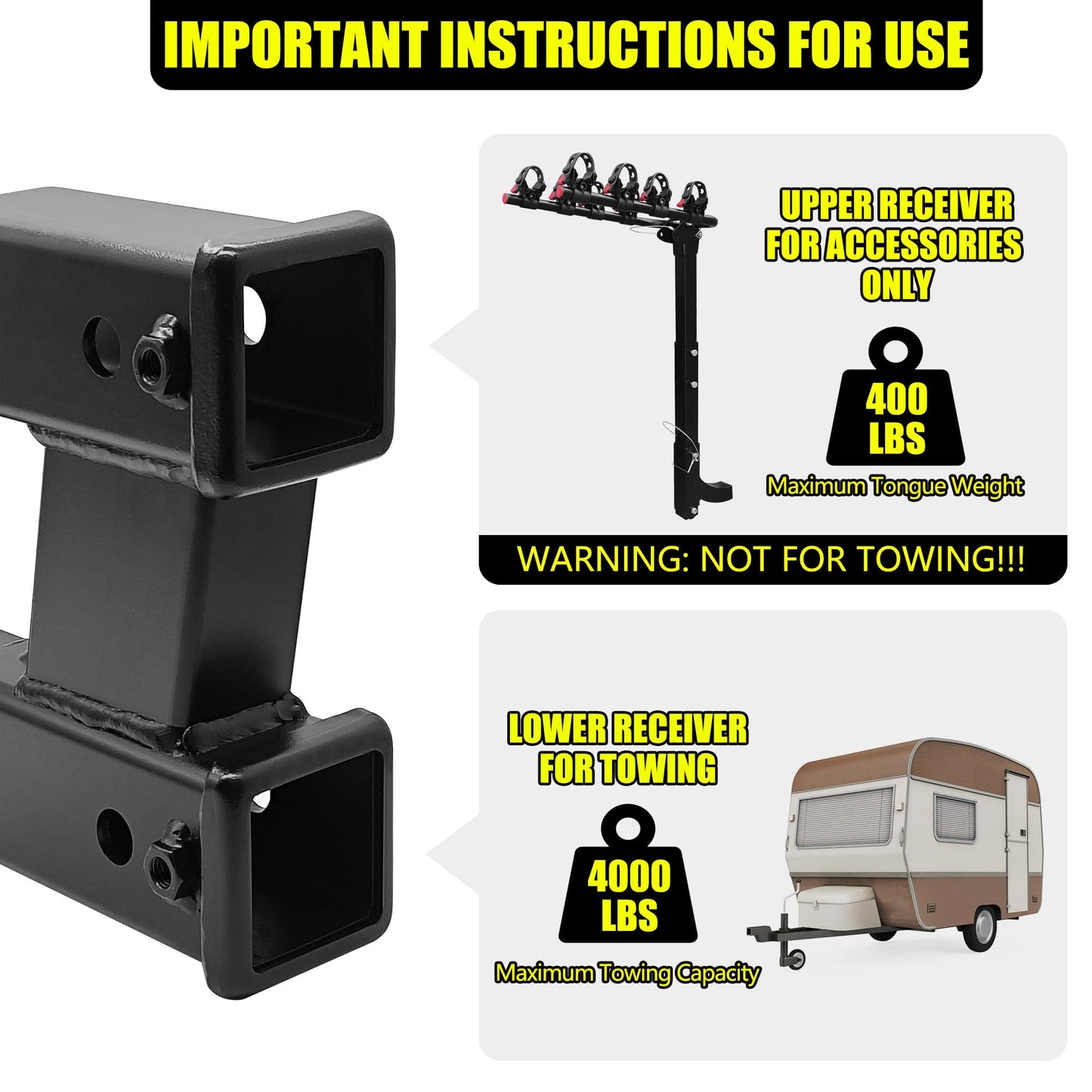 KAIRAY Double Hitch Receiver, 2 inch Trailer Dual Hitch Extension Riser, Hitch Adapter Fits for 2 inch Receiver Extender to 10 inch Max Length, 6 Inch Riser/Drop