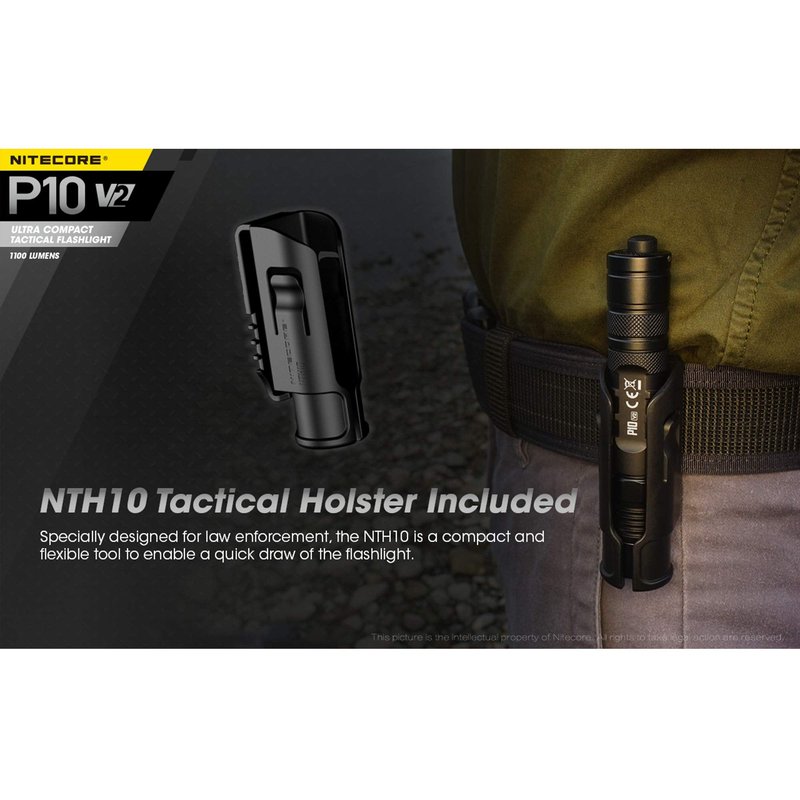 Nitecore P10 V2 Tactical Flashlight, 1100 Lumen Compact Duty Light with 220 Yard Beam, Dual-Switch Tailcap, 3 Operating Modes, IP68 Waterproof, NTH10 Holster Included