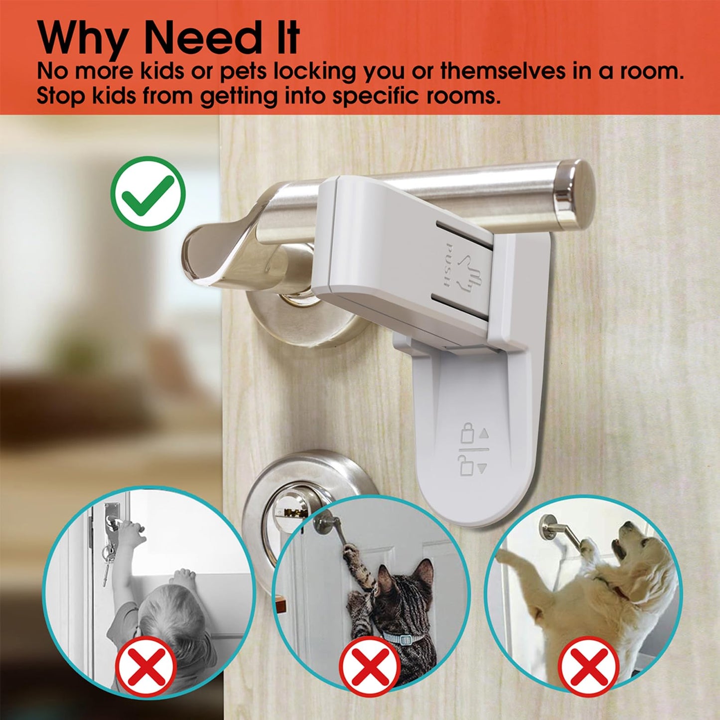 KIZZHISI Child Proof Door Lock (2 Pack) - No-Drill Universal Door Handle Lock with 3M Adhesive, Light Gray Durable ABS Door Handle Baby Proof - Easy One Hand Operation for Adults