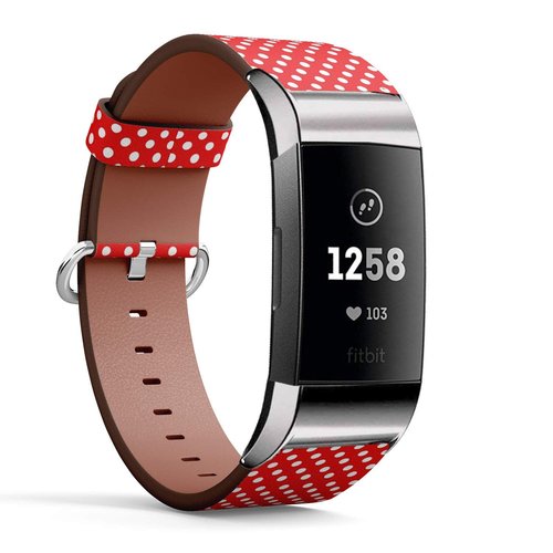 Compatible with Fitbit Charge 4 / Charge 3 / Charge 3 SE - Leather Watch Wrist Band Strap Bracelet with Stainless Steel Adapters (White Polka Dot Red)