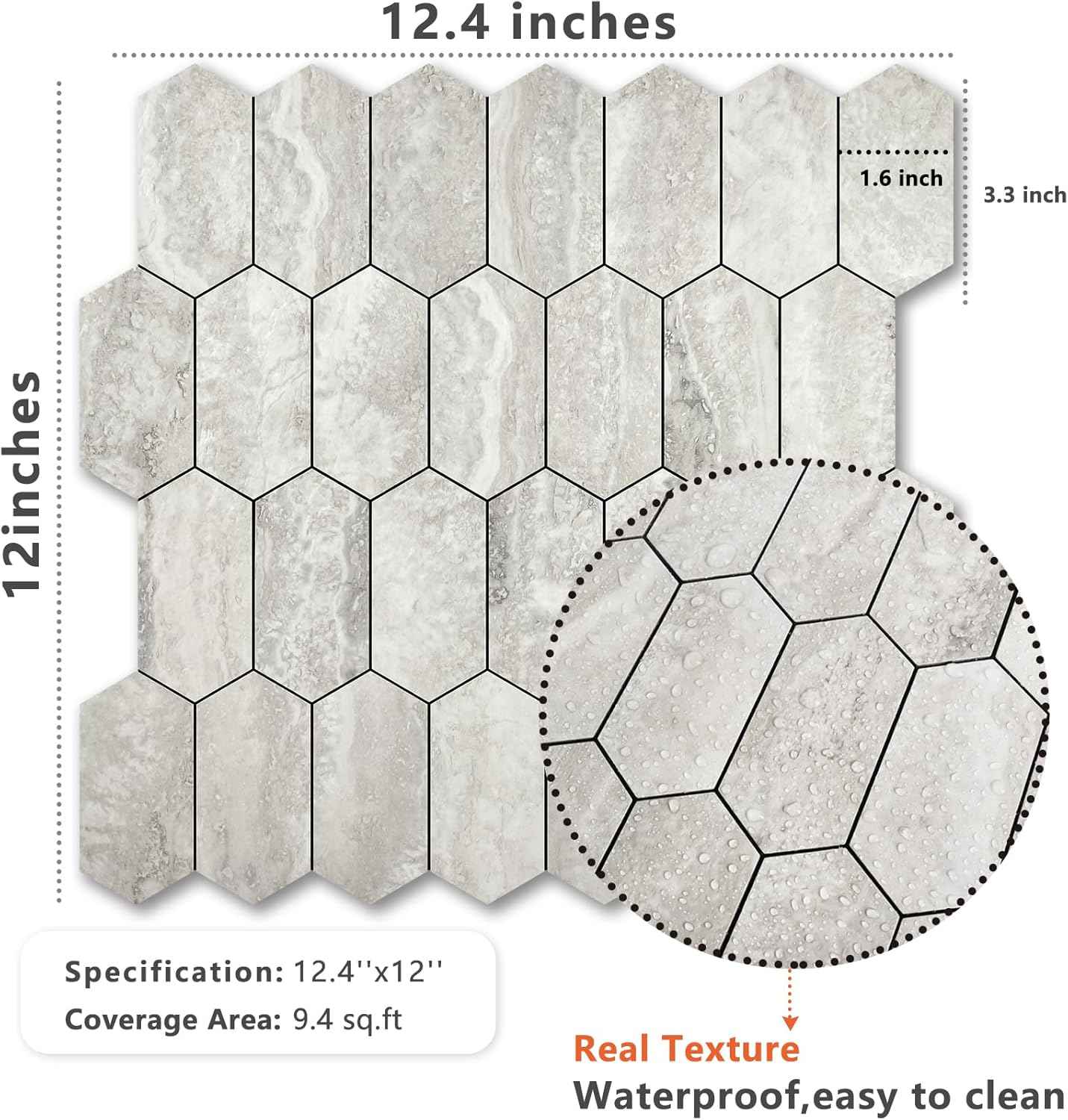 Glossy Wood Grain Peel and Stick Backsplash Tile - 10 Sheets Hexagon Mosaic for Kitchen & Bathroom, 12.4 x 12 Inch