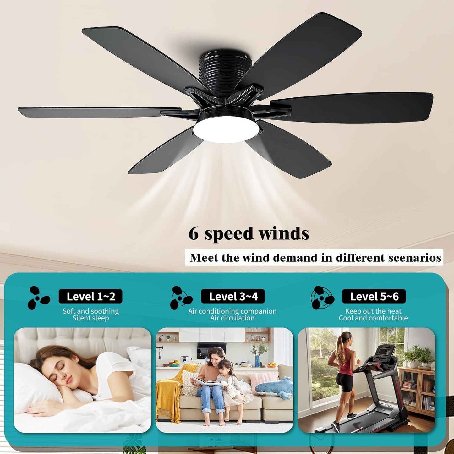 52-Inch Black Ceiling Fan with Lights & Remote Control - Modern Low Profile LED/RGB Dimmable Flush Mount for Bedroom