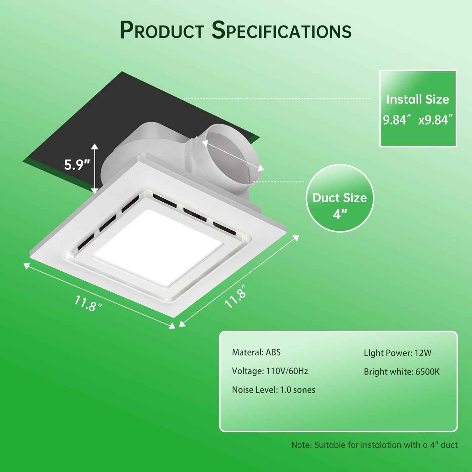 12" Silent Exhaust Fan with 6500K LED Light - 144 CFM Bathroom Ventilation